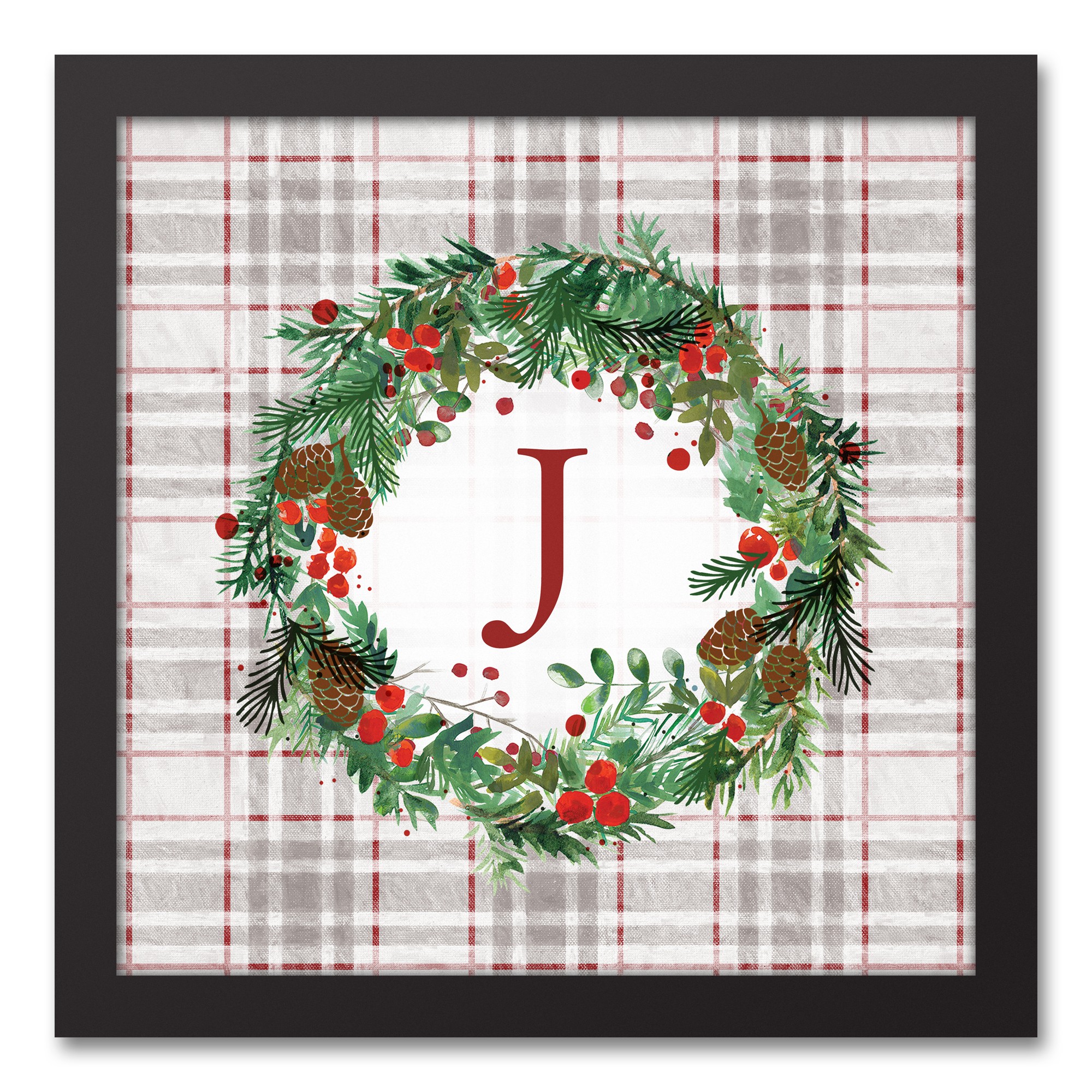 Holiday Gray Plaid Monogram Wreath J 12x12 Black Framed Canvas