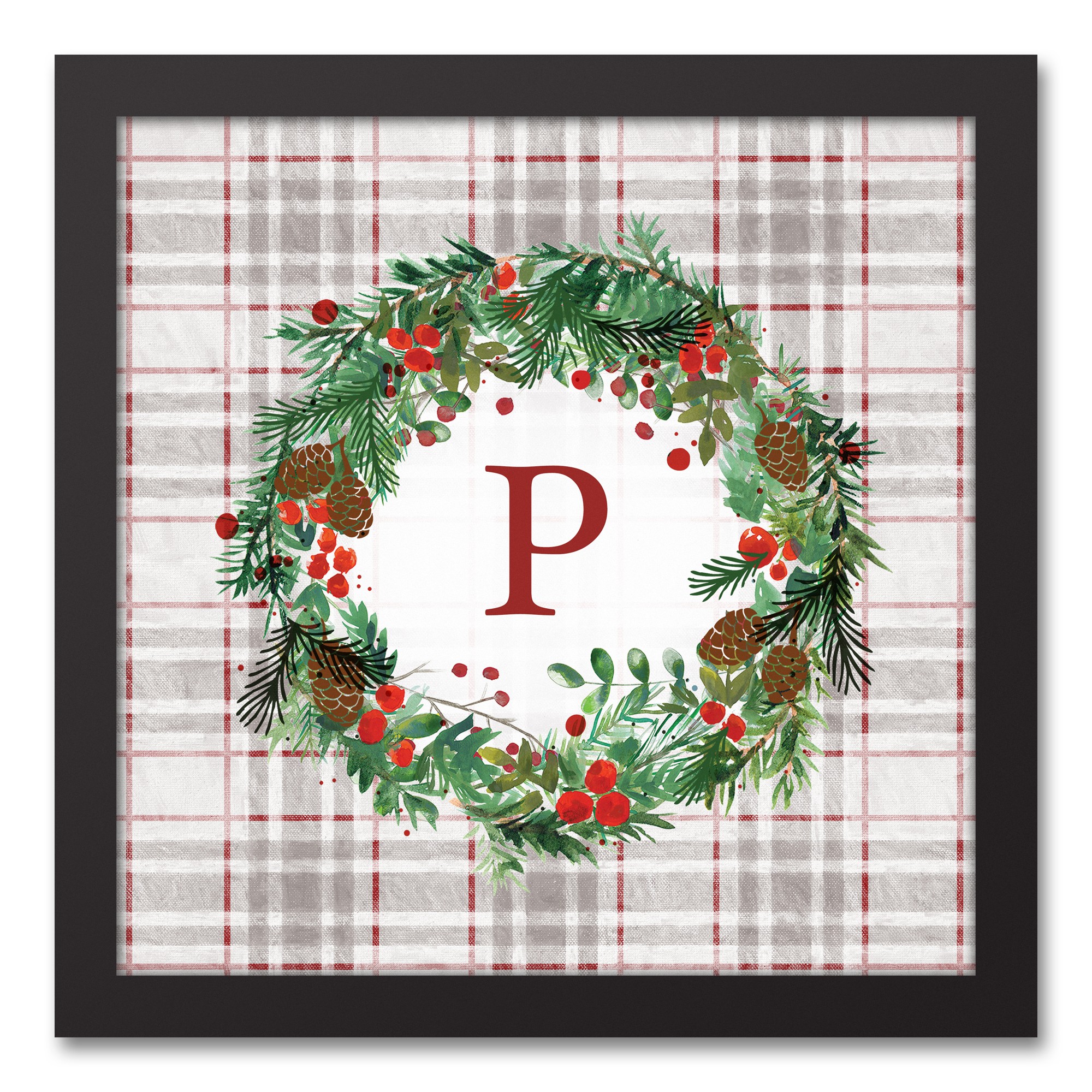 Holiday Gray Plaid Monogram Wreath P 12x12 Black Framed Canvas