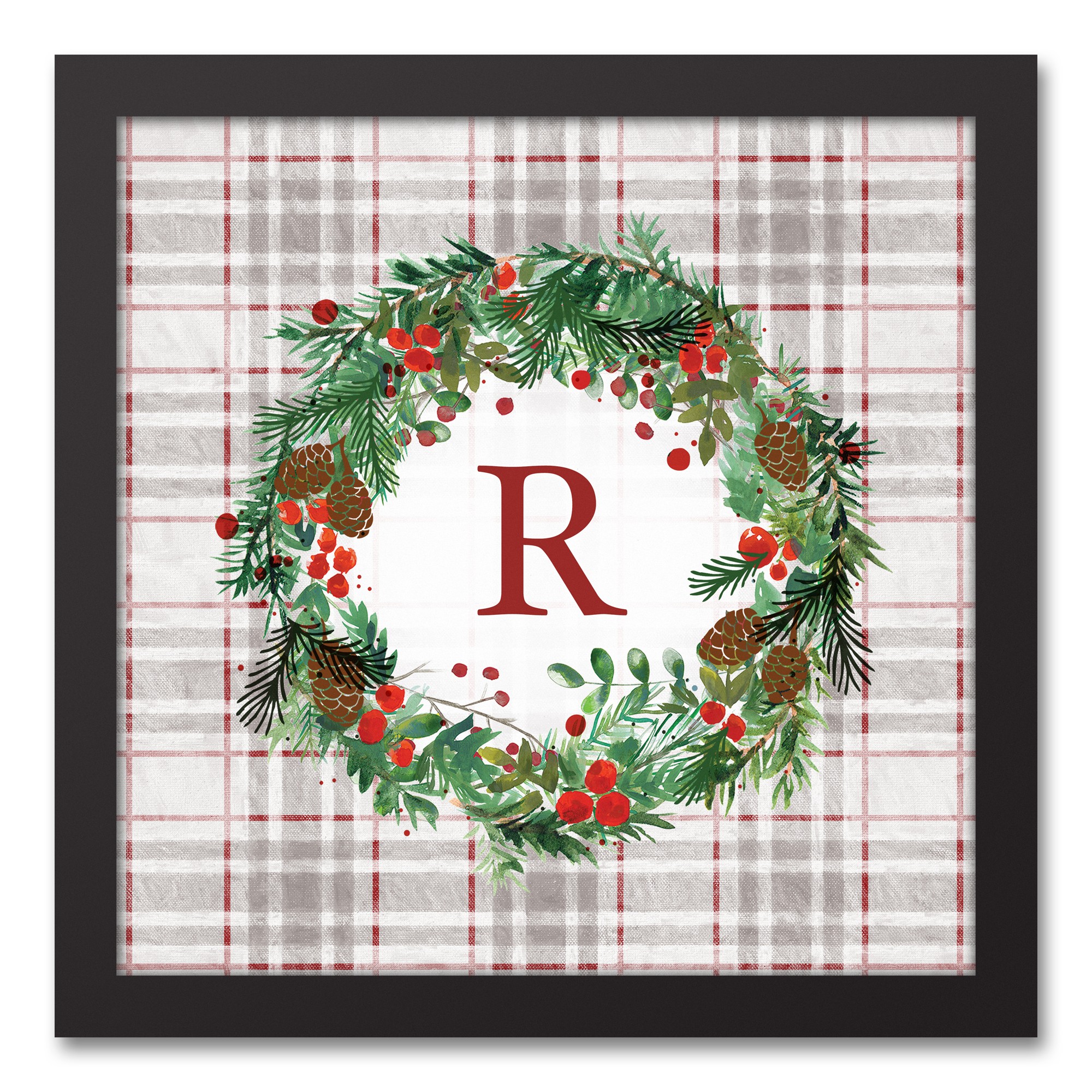 Holiday Gray Plaid Monogram Wreath R 12x12 Black Framed Canvas