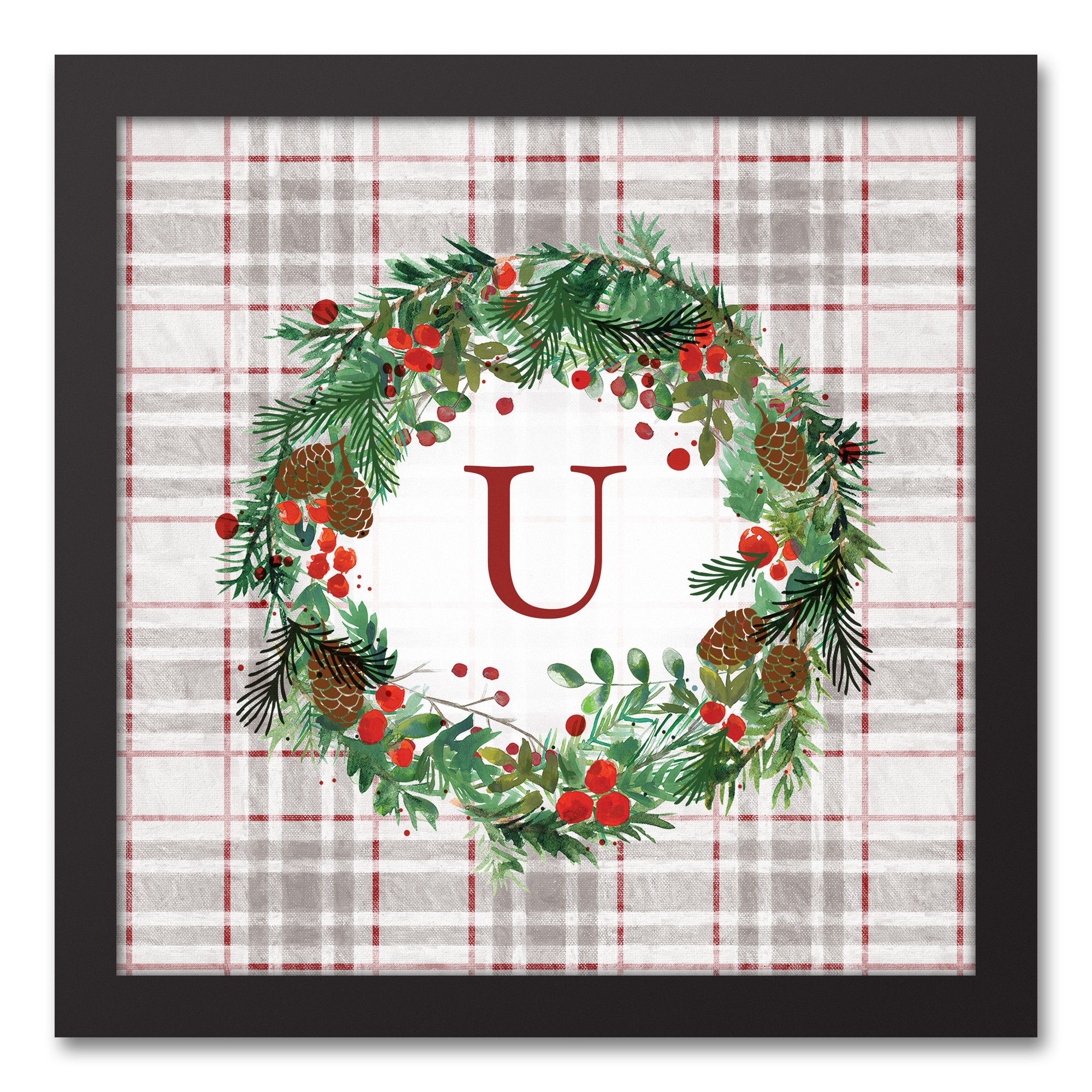 Holiday Gray Plaid Monogram Wreath U 12x12 Black Framed Canvas