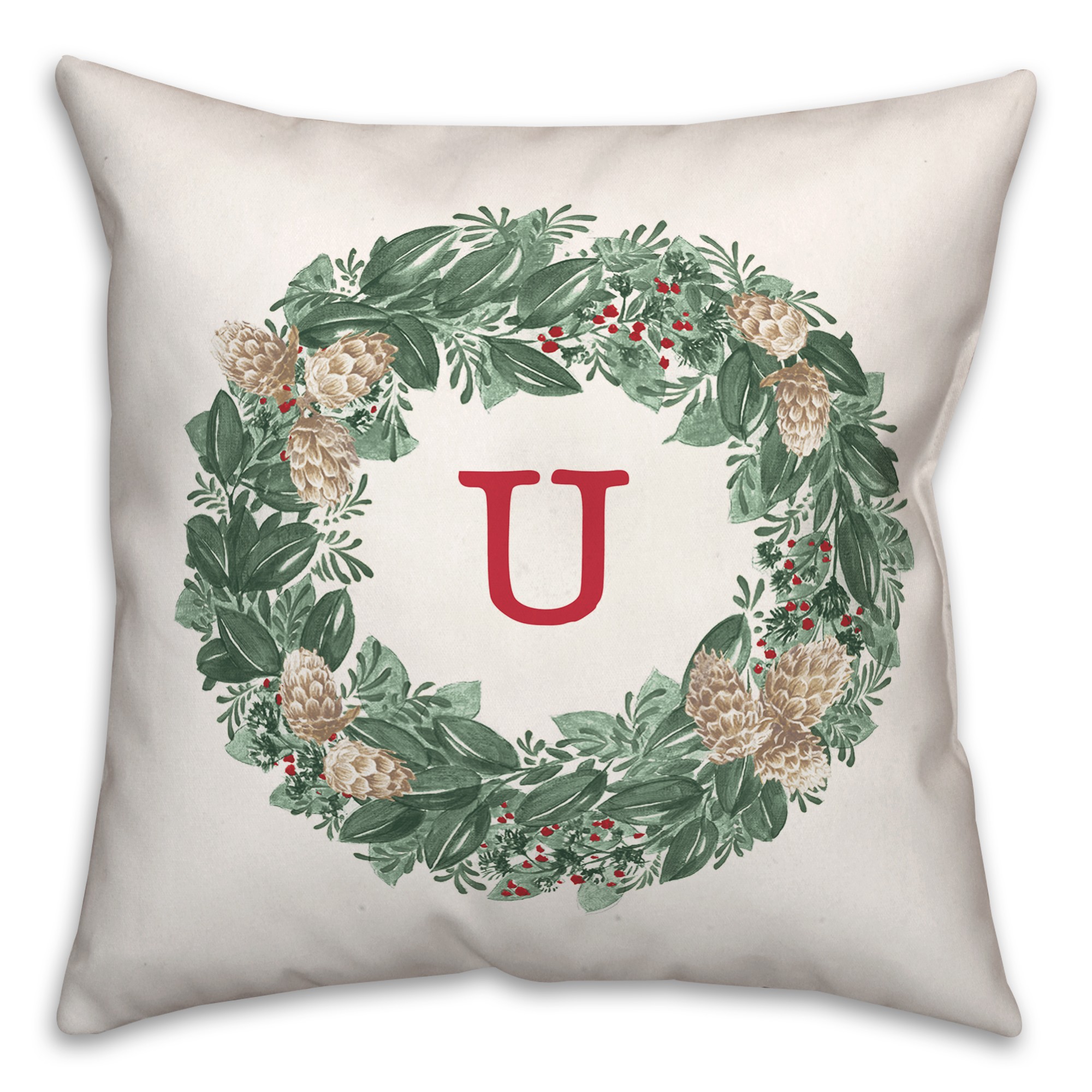 Christmas Wreath Monogram U 18x18 Spun Poly Pillow