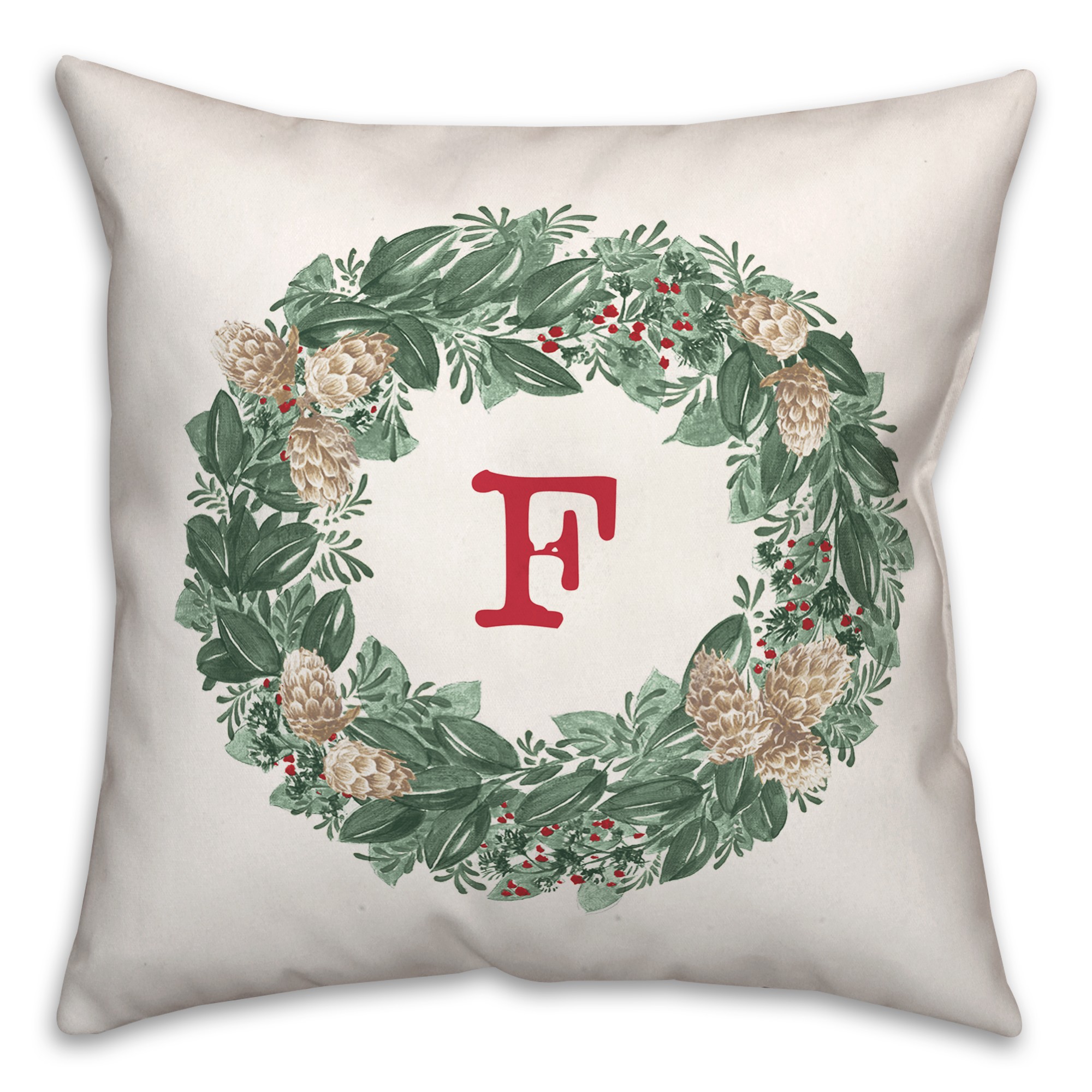 Christmas Wreath Monogram F 18x18 Spun Poly Pillow