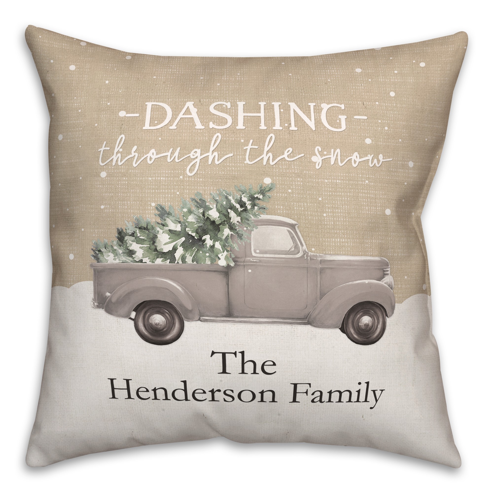 Dashing Through the Snow Painted Tree Truck 18x18 Personalized Spun Poly Pillow