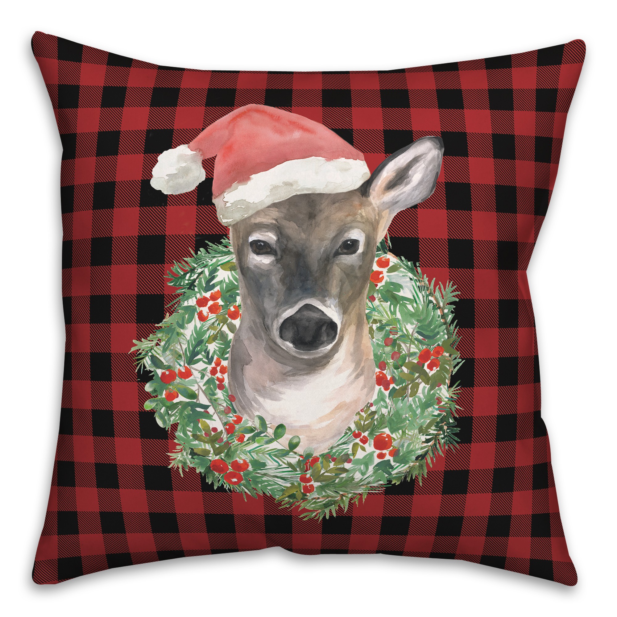 Buffalo Chek Wreath Deer Santa Hat 18x18 Spun Poly Pillow