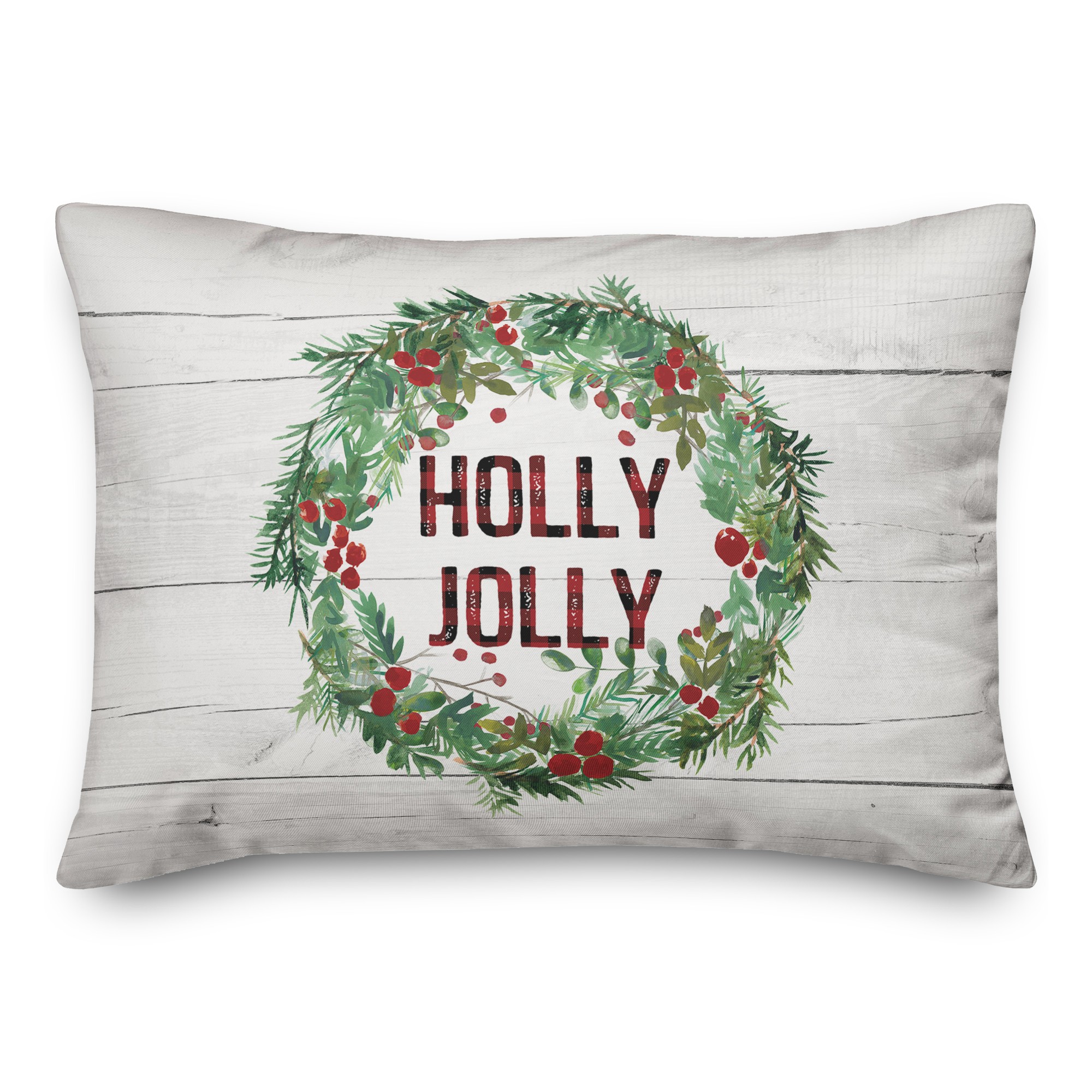 Holly Jolly Wreath on Wood 14x20 Spun Poly Pillow
