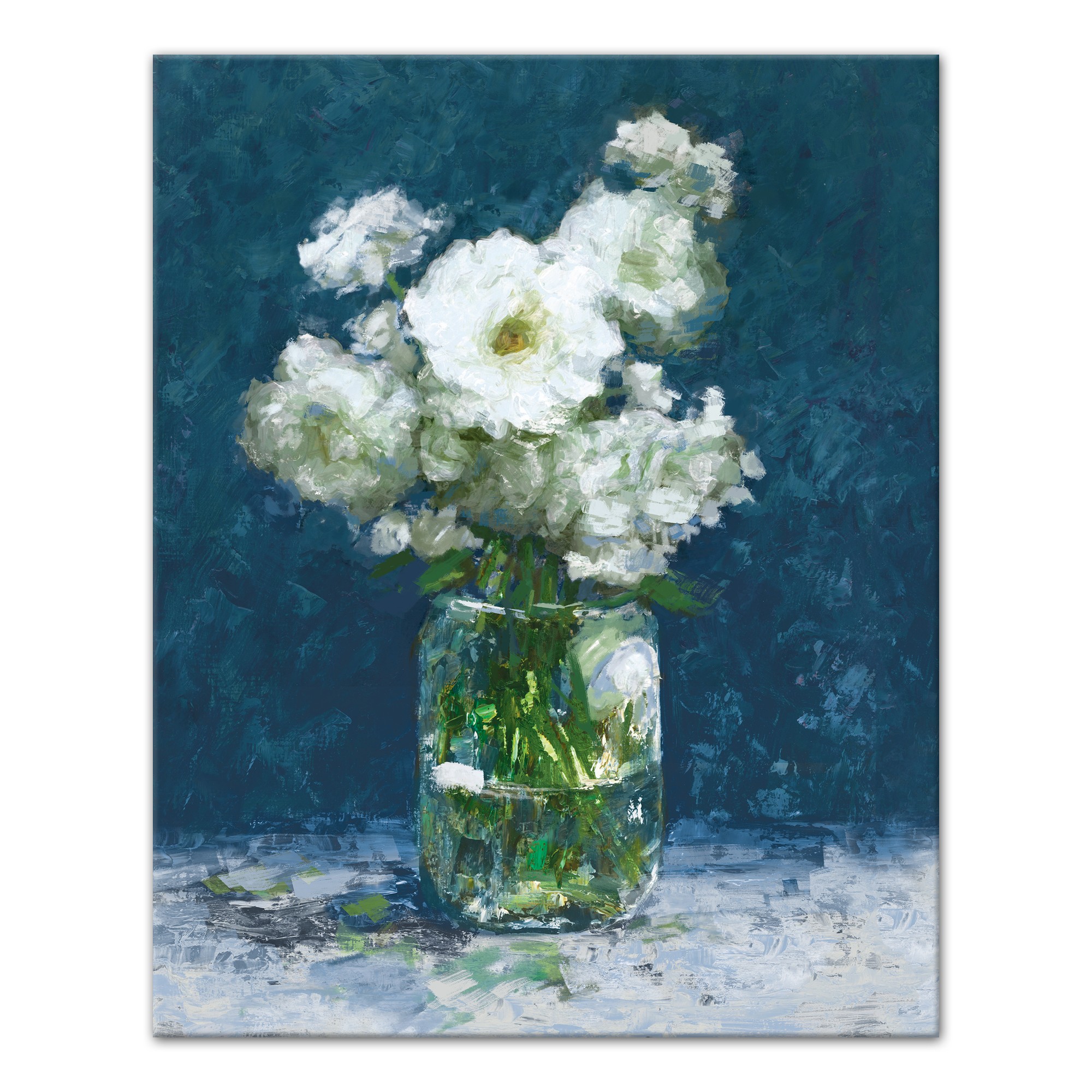 White Flowers on Blue 16x20 Canvas Wall Art