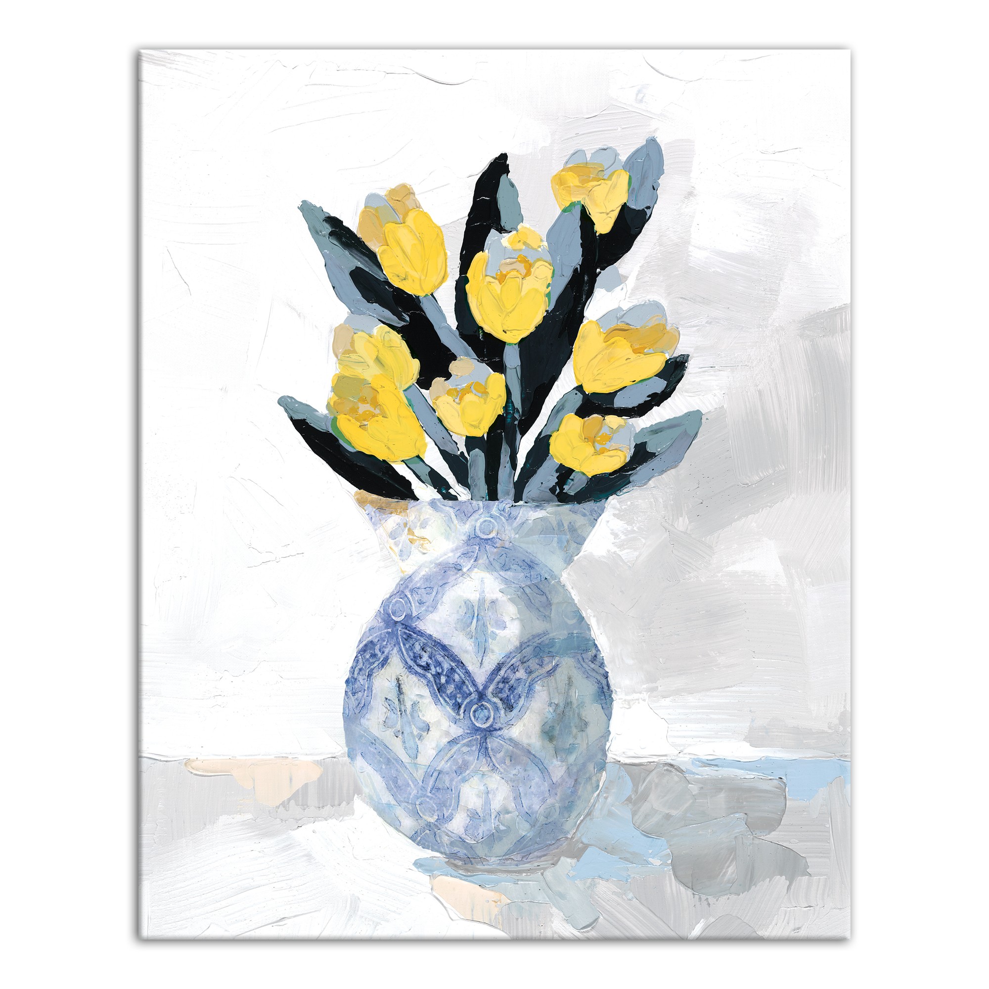 Yellow Flowers in Patterned Vase 16x20 Canvas Wall Art