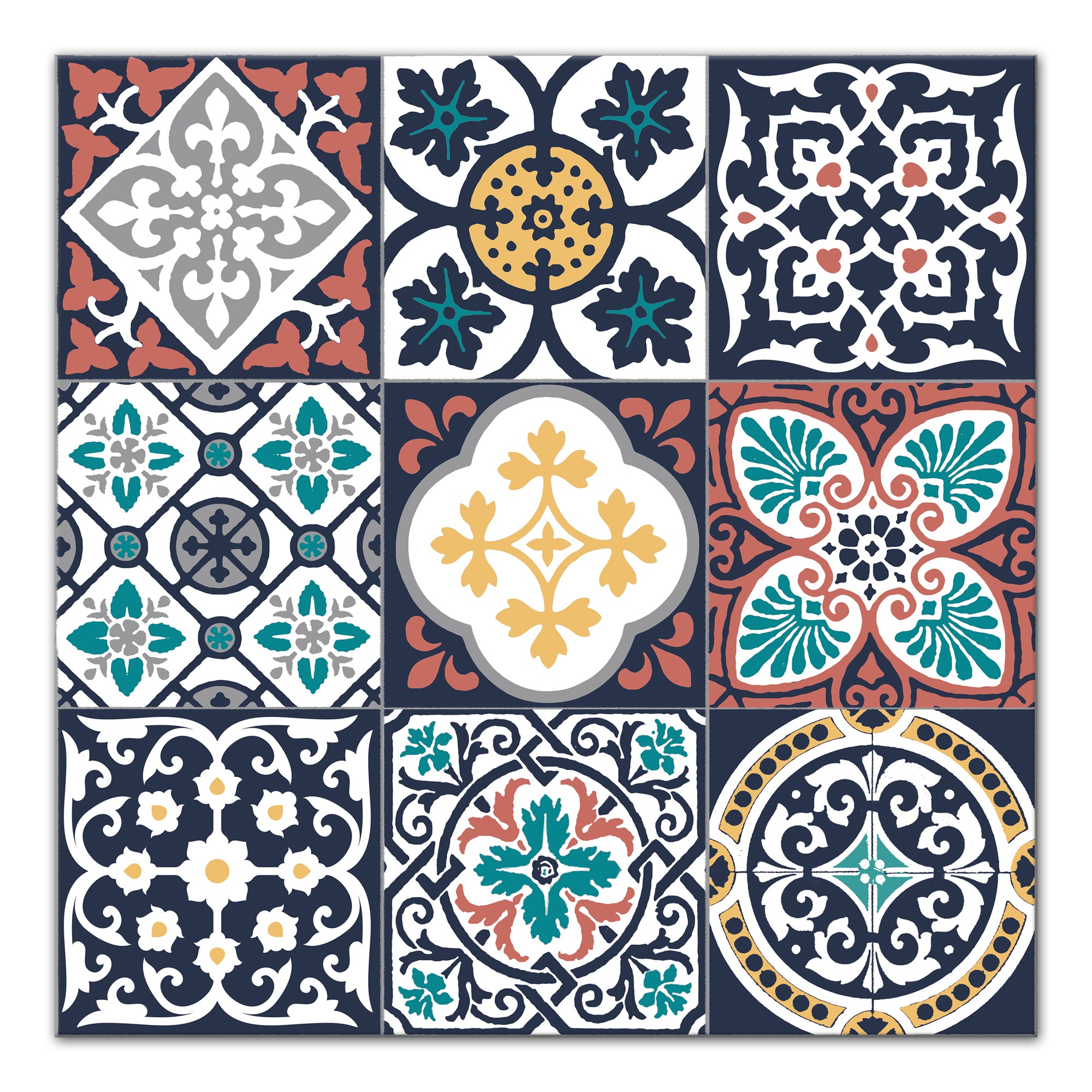 Navy and Red Decorative Tiles 20x20 Canvas Wall Art