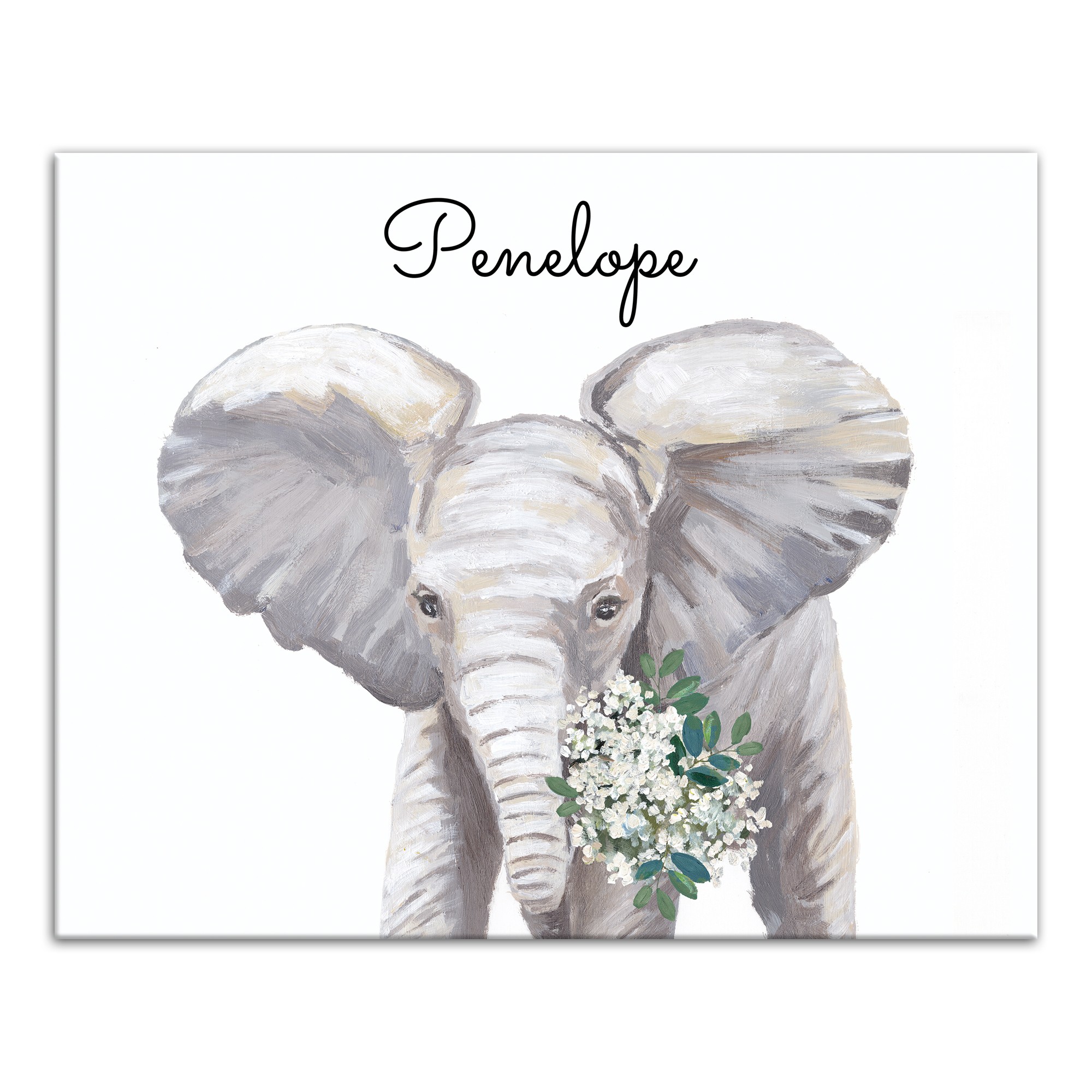 Baby Elephant with Flowers 20x16 Personalized Canvas Wall Art