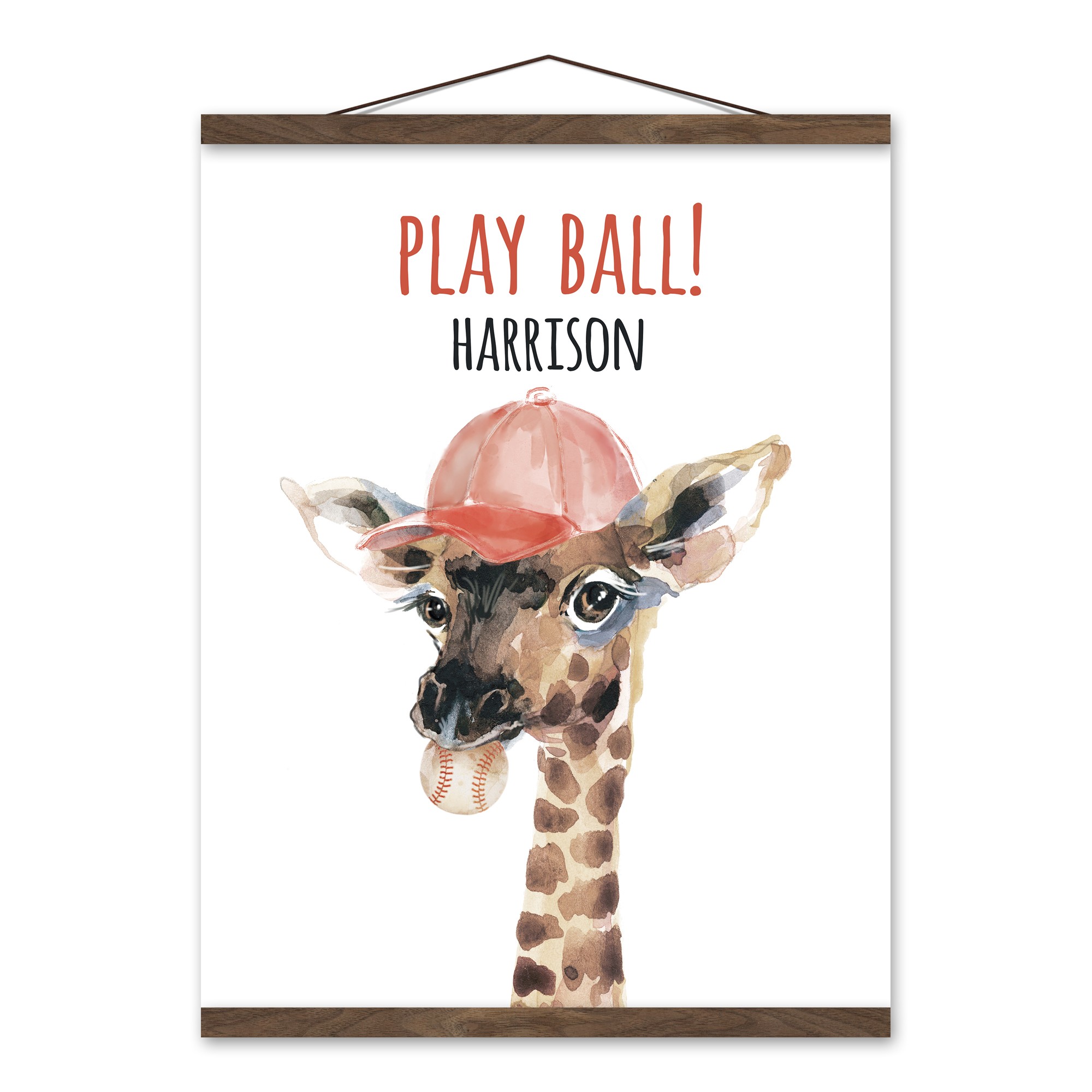 Baseball Giraffe 16x20 Personalized Teak Hanging Canvas