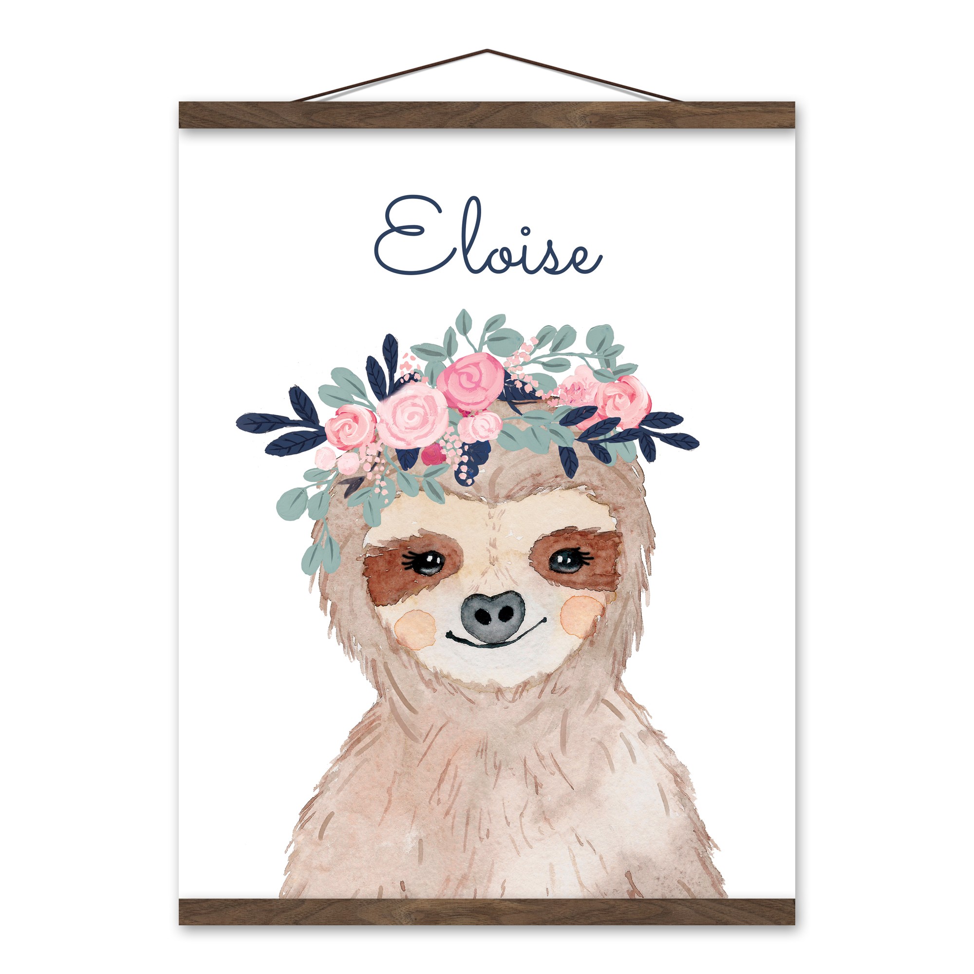 Sloth with Flower Crown 16x20 Personalized Teak Hanging Canvas
