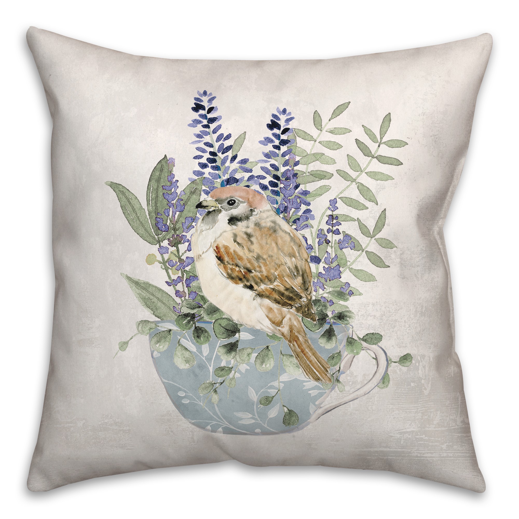 Floral Bird in Cup 18x18 Spun Poly Pillow