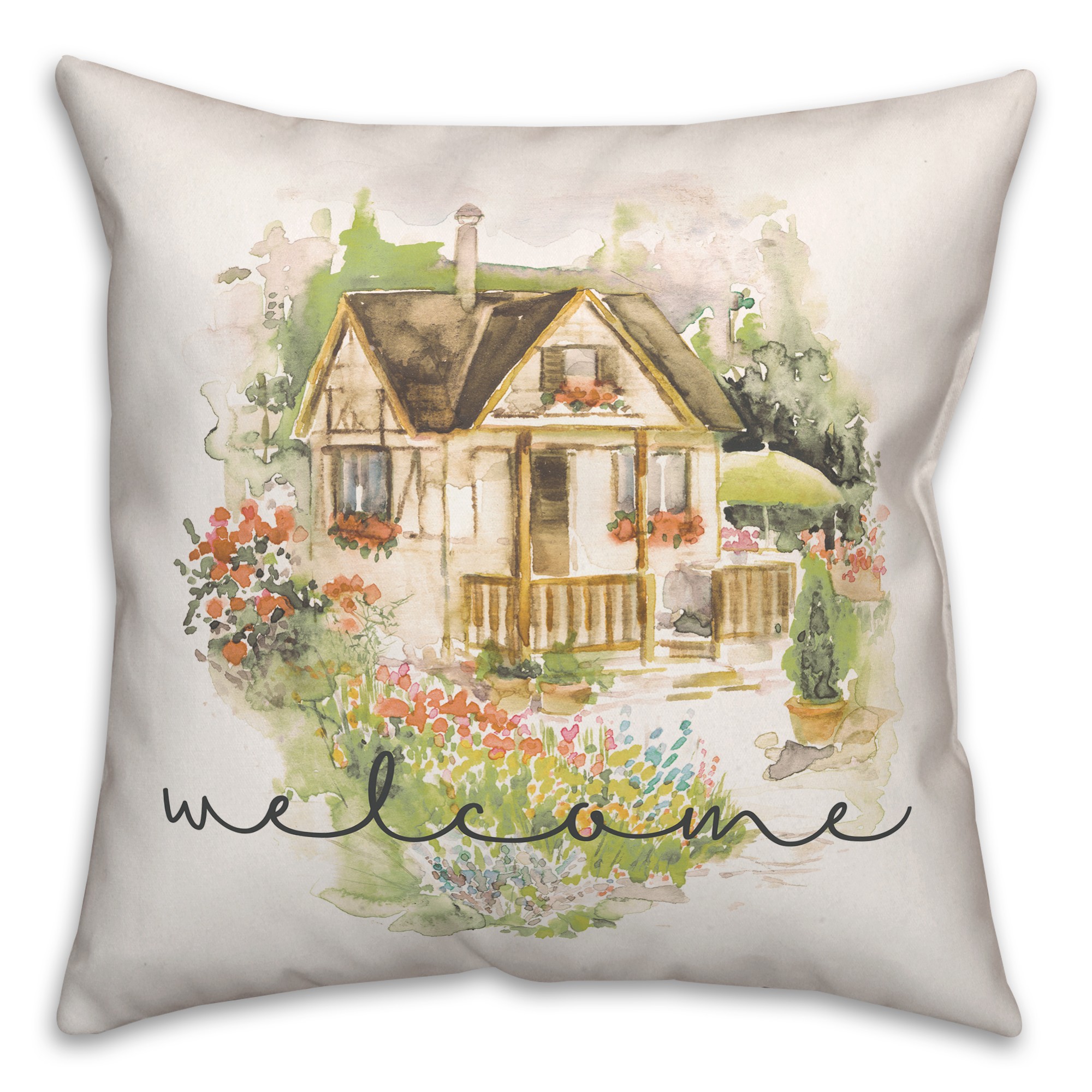 Welcome Watercolor Cottage 18x18 Spun Poly Pillow