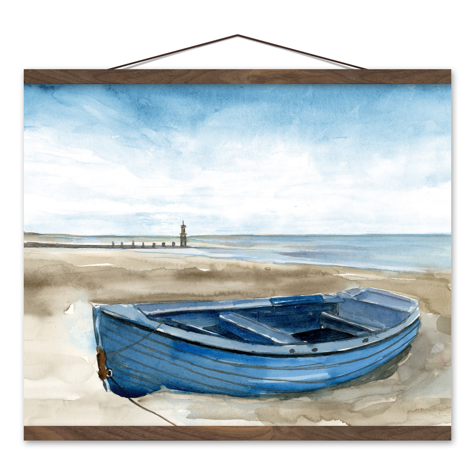 Blue Rowboat 16x20 Teak Hanging Canvas