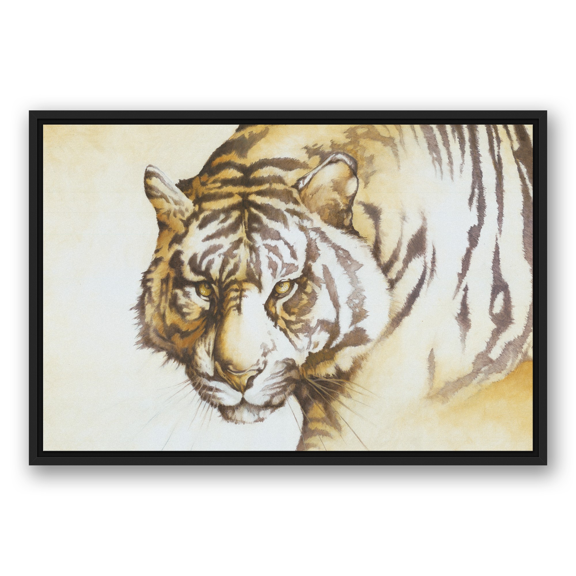 Sepia Tiger 30x20 Black Floating Framed Canvas