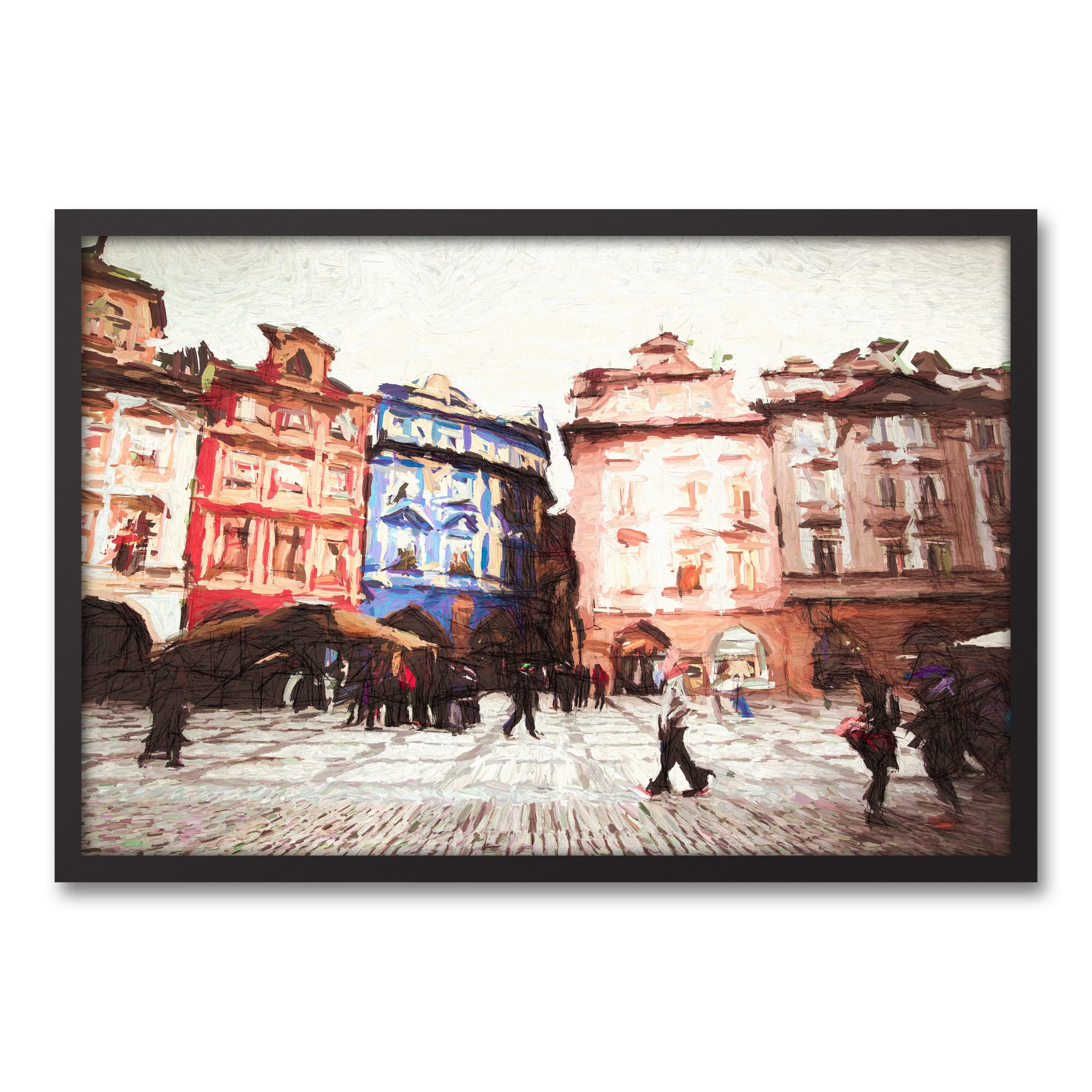 European City Street 30x20 Black Framed Canvas