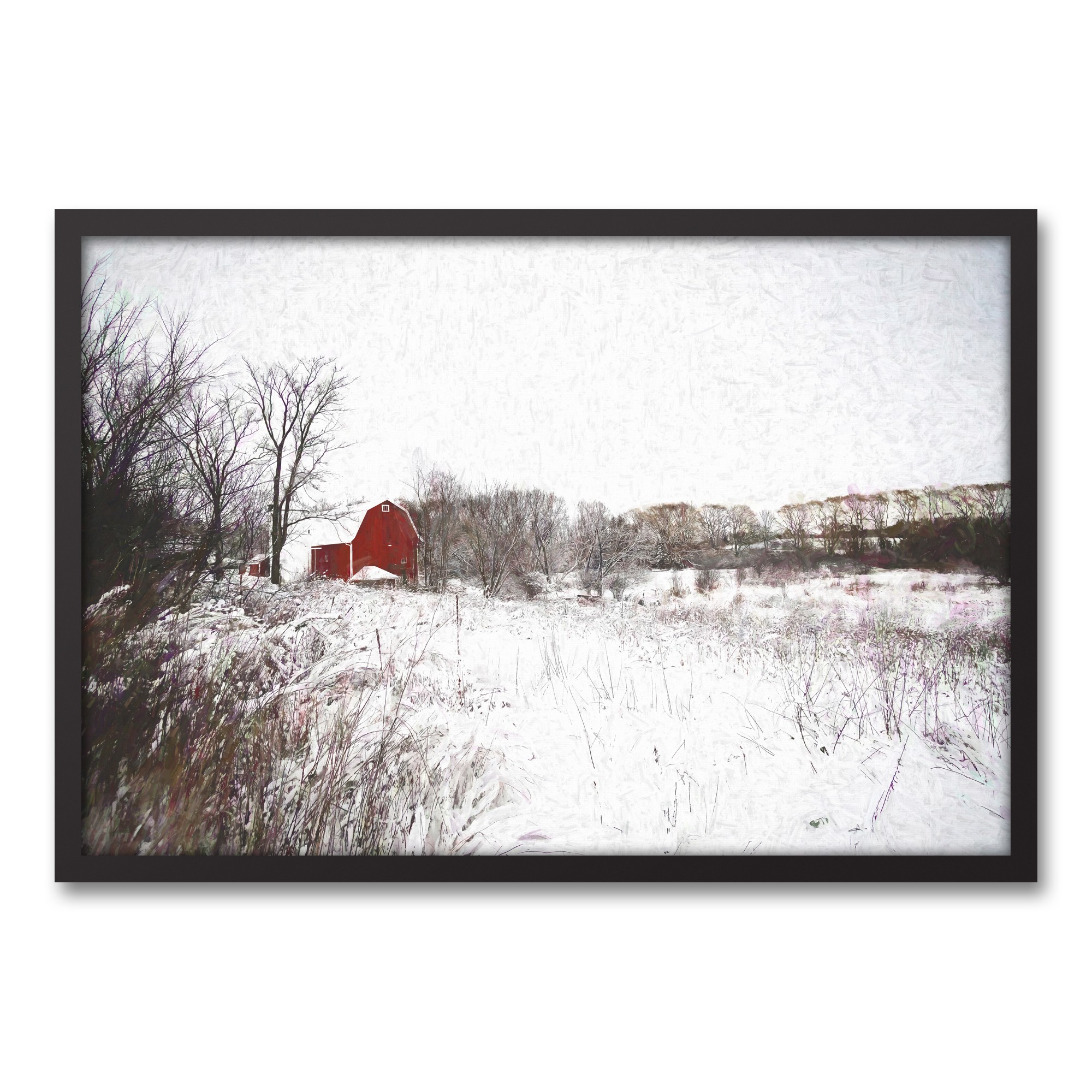 Red Barn in Snow 30x20 Black Framed Canvas