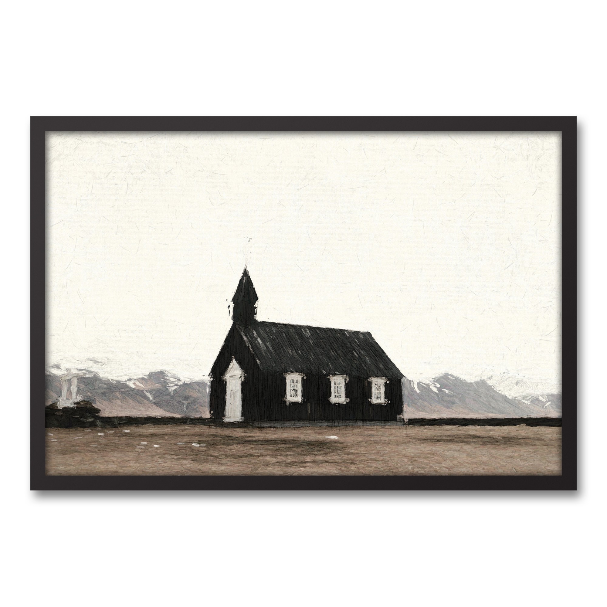 Black and White Church 30x20 Black Framed Canvas