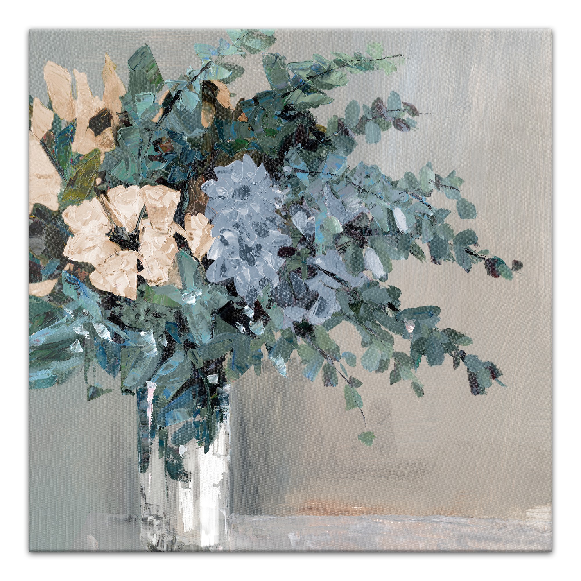 Impasto Sage Flower Vase 30x30 Canvas Wall Art