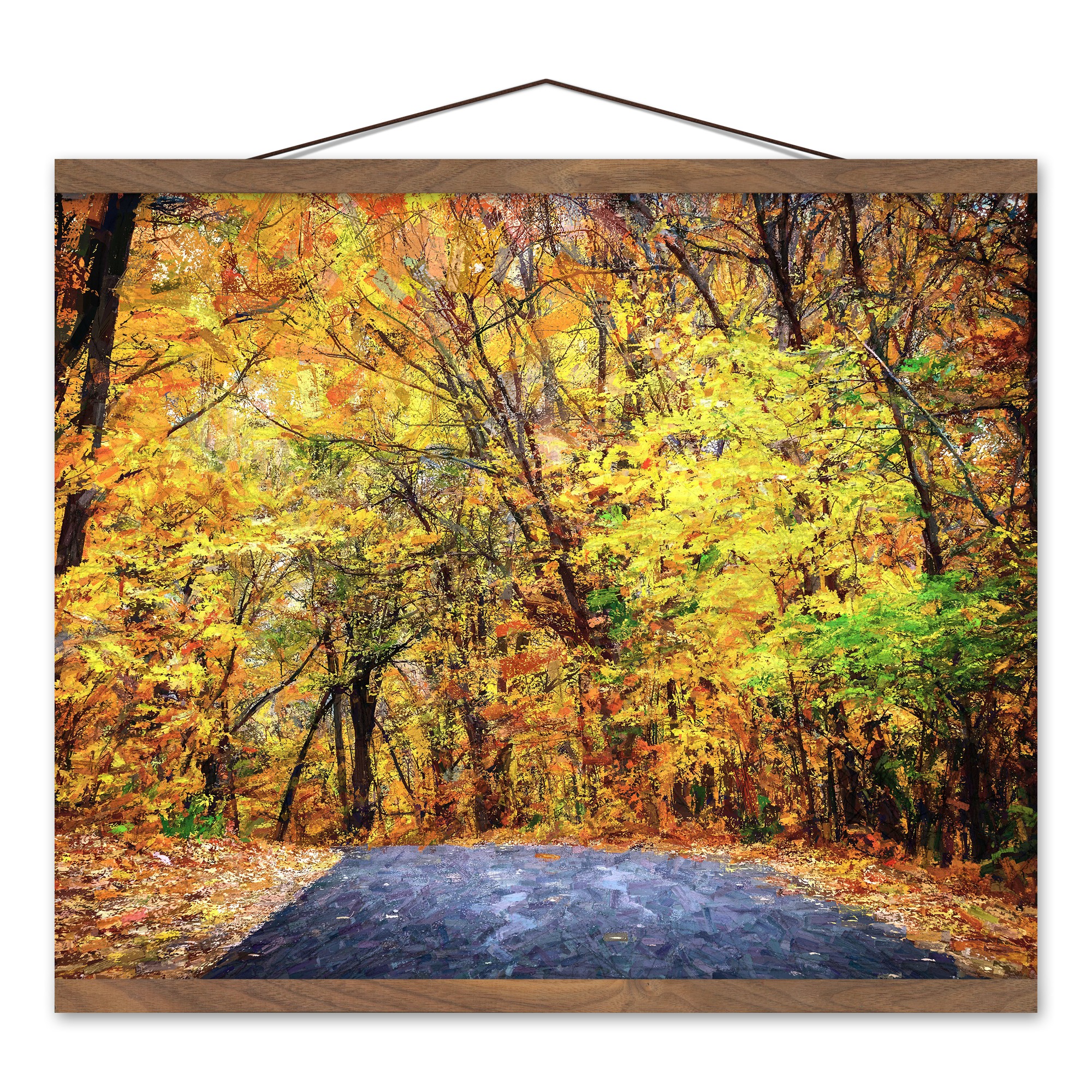 Autumn Forest Path Gold 16x20 Teak Hanging Canvas