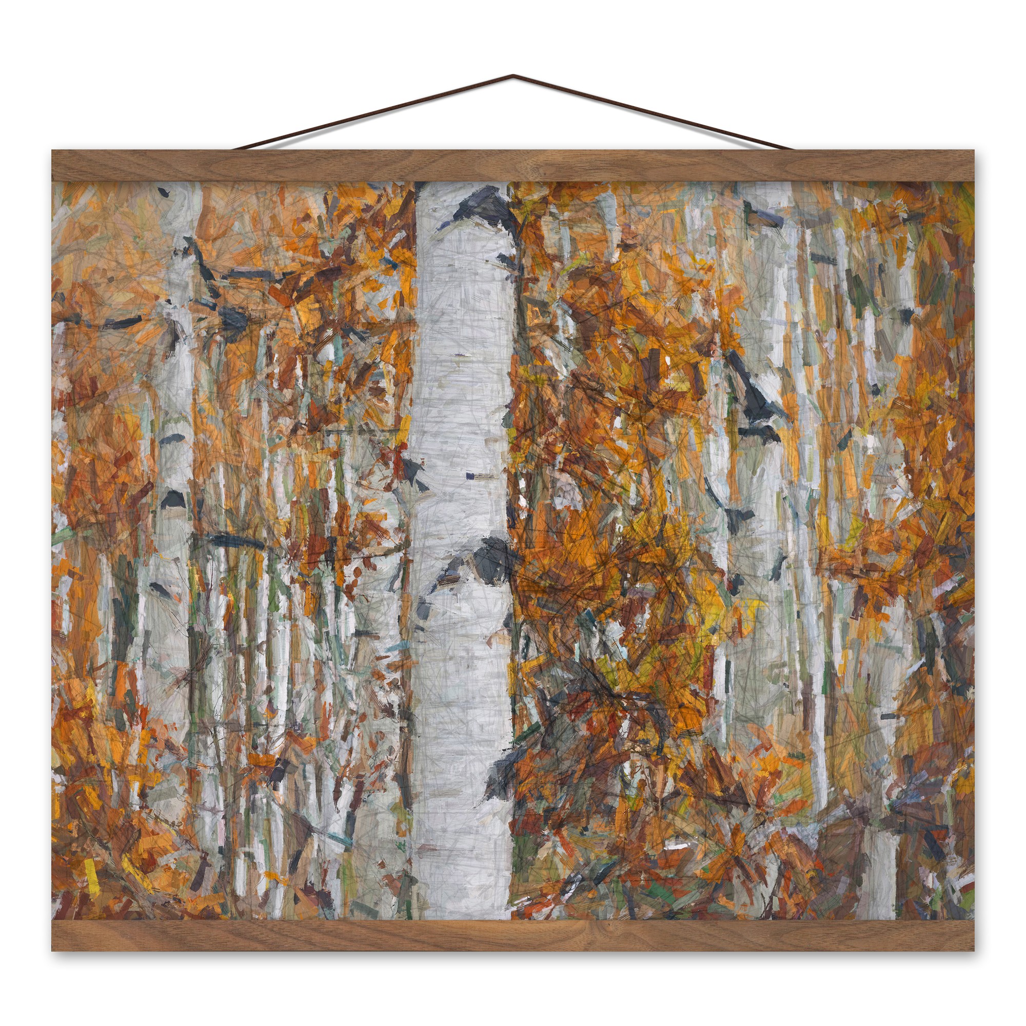 Gray Sketch Birches 16x20 Teak Hanging Canvas