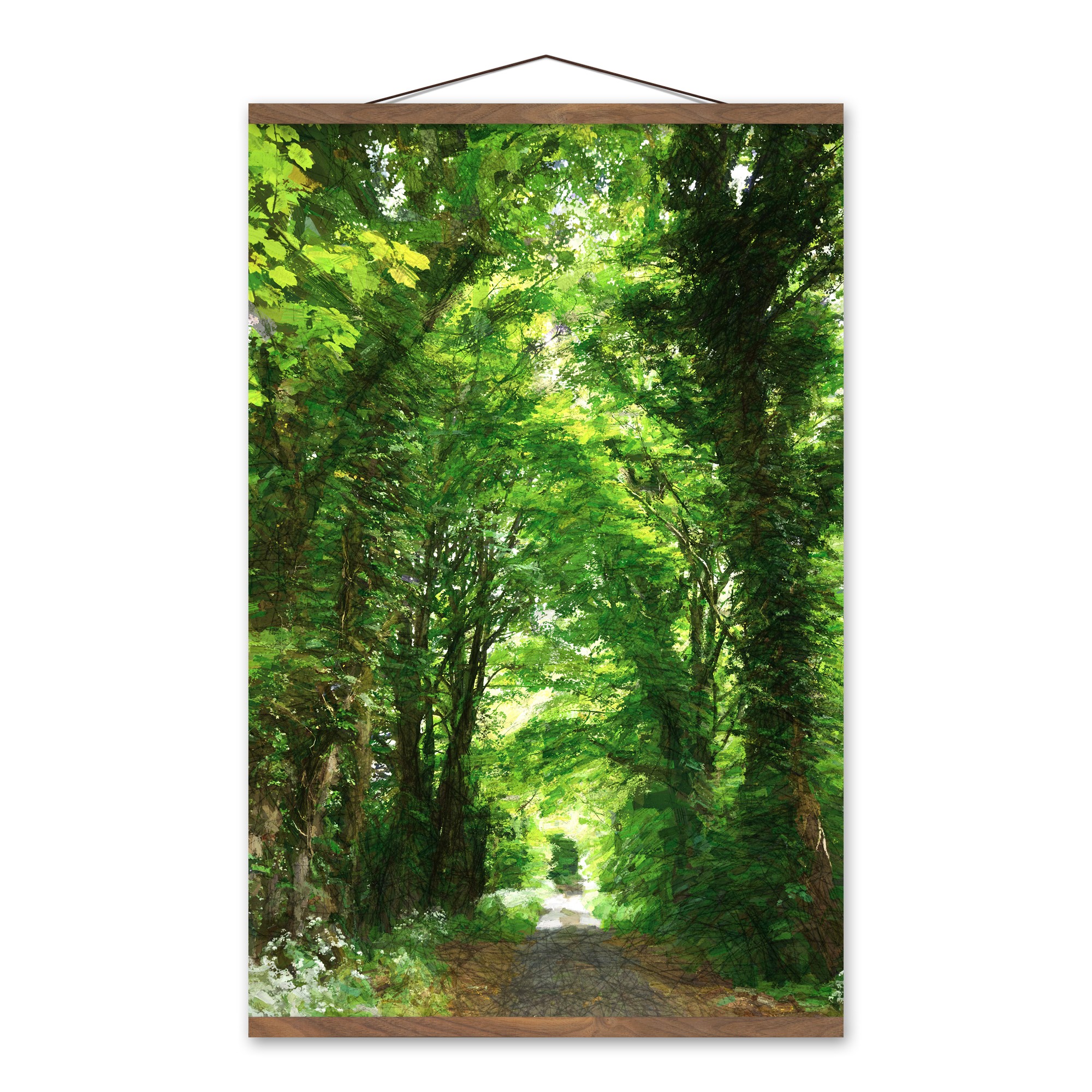 Green Forest Path Bright 20x30 Teak Hanging Canvas