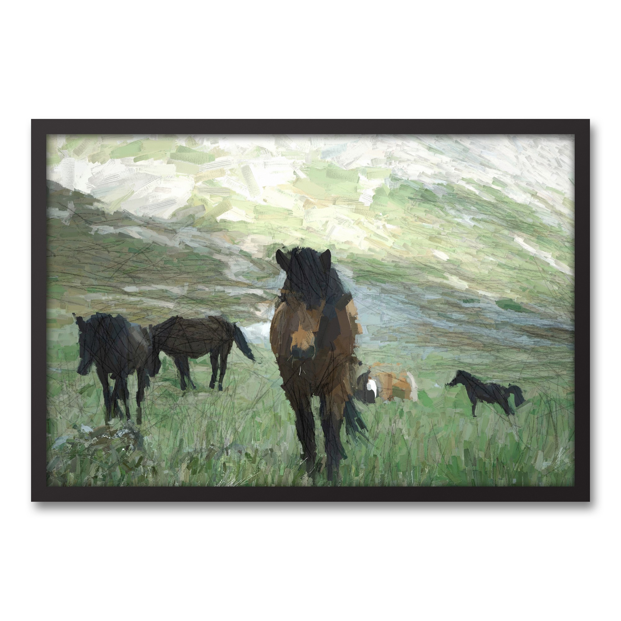 Horses In Green Field 30x20 Black Framed Canvas