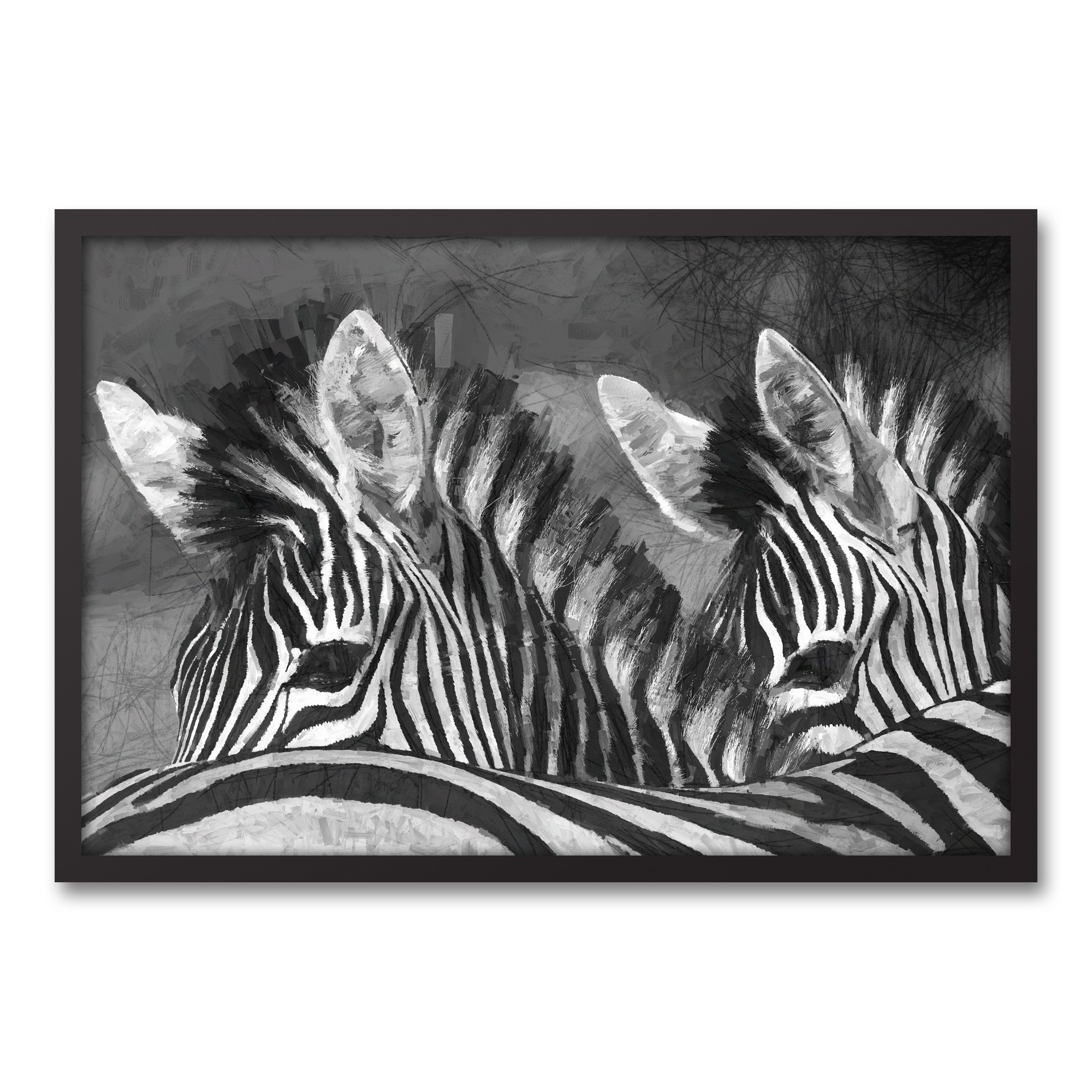 Sketch  Zebras Grayscale 30x20 Black Framed Canvas