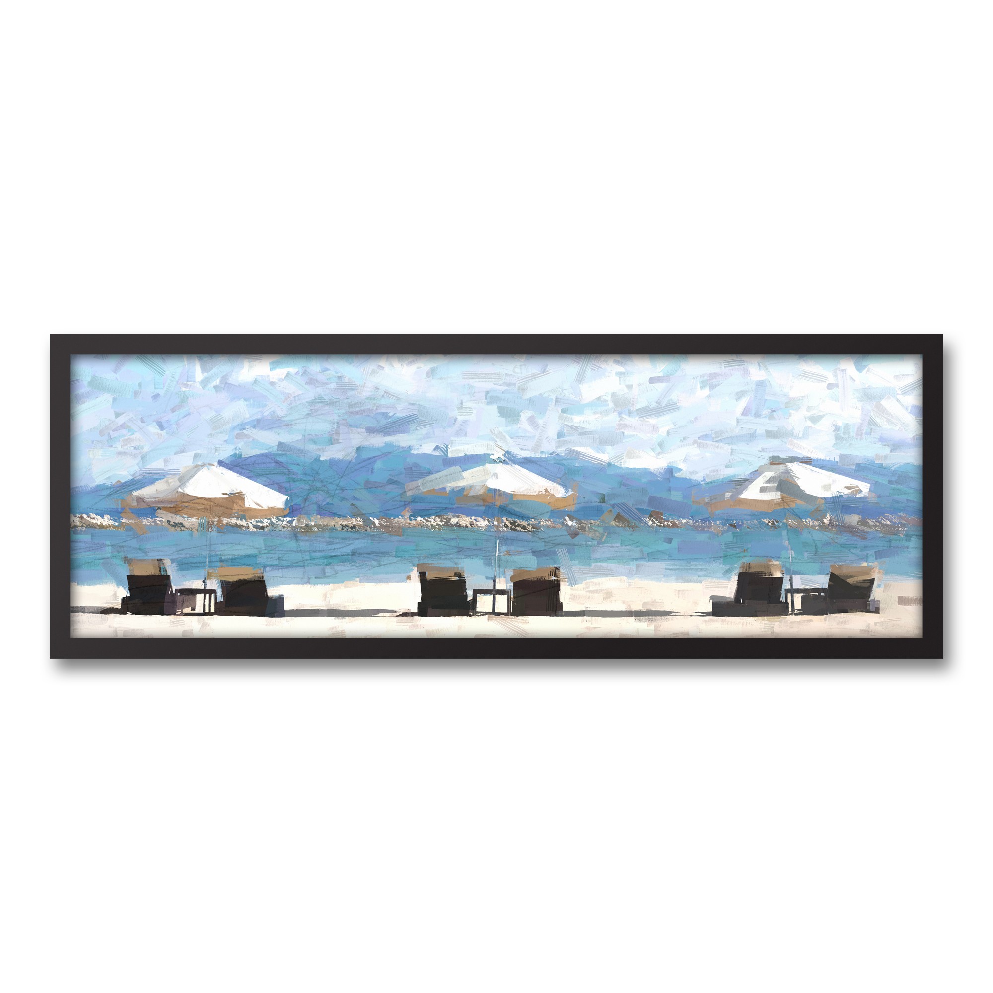 Three Chairs Umbrellas 36x12 Black Framed Canvas
