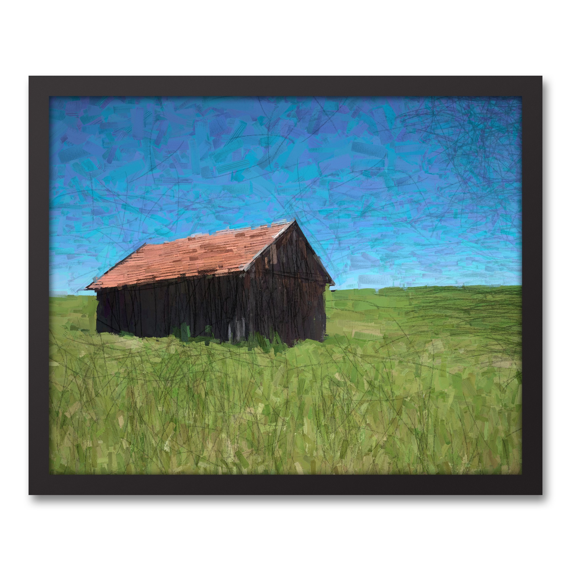 Dark Barn In Field 20x16 Black Framed Canvas
