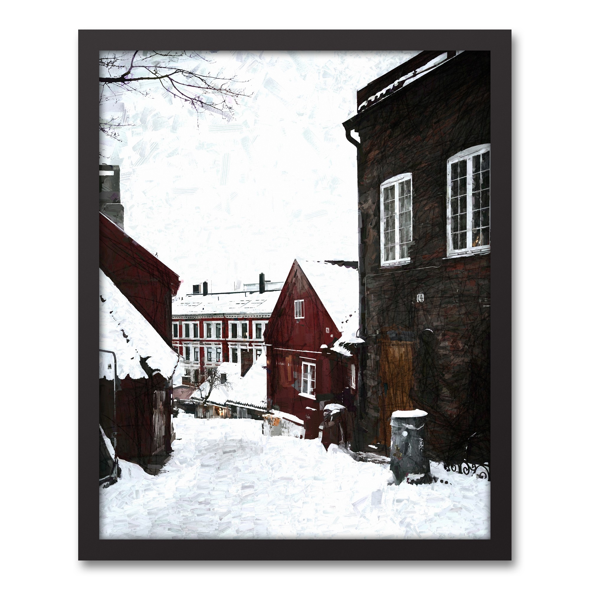 Snowy Small Town Dark 16x20 Black Framed Canvas