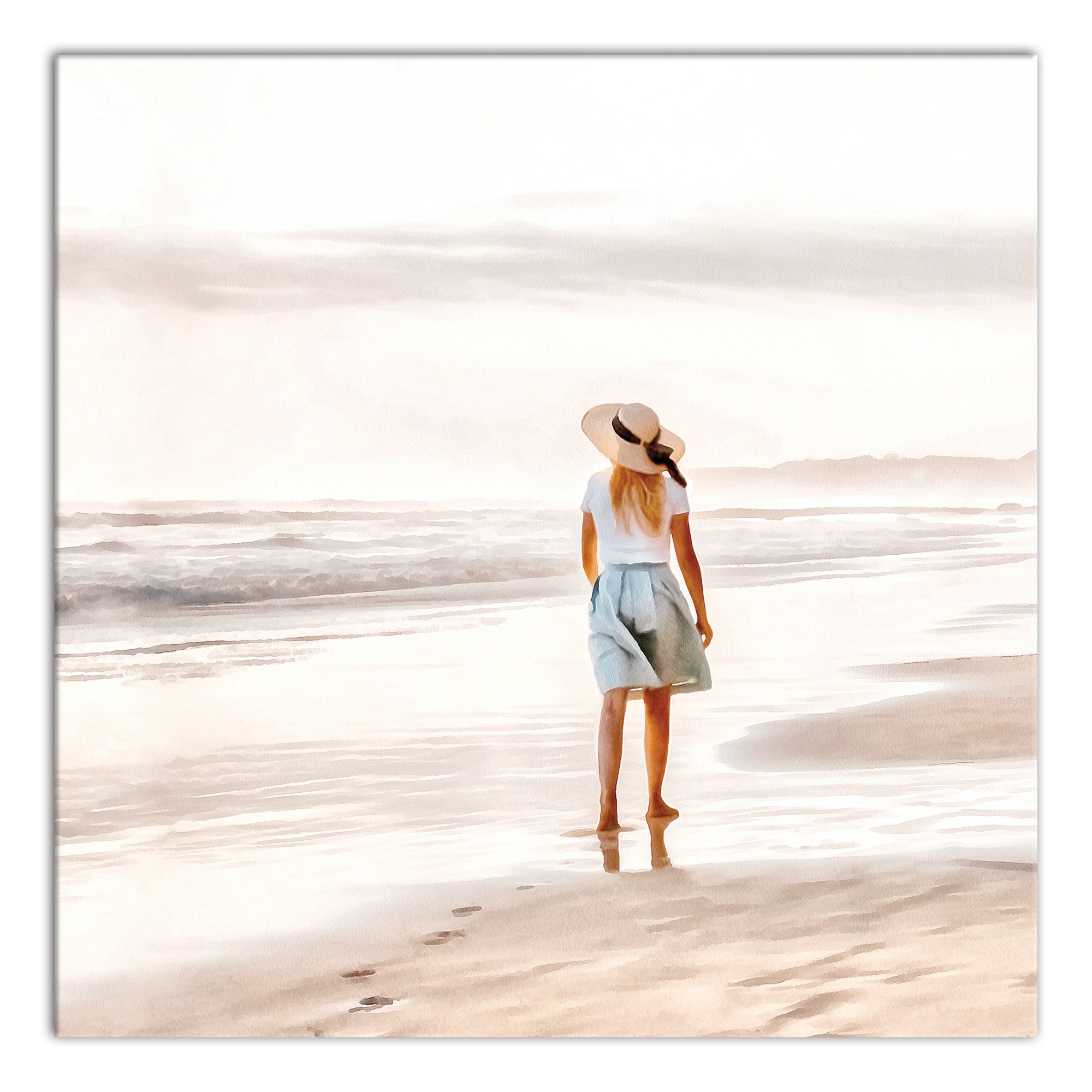 Watercolor Lady On Beach 16x16 Canvas Wall Art