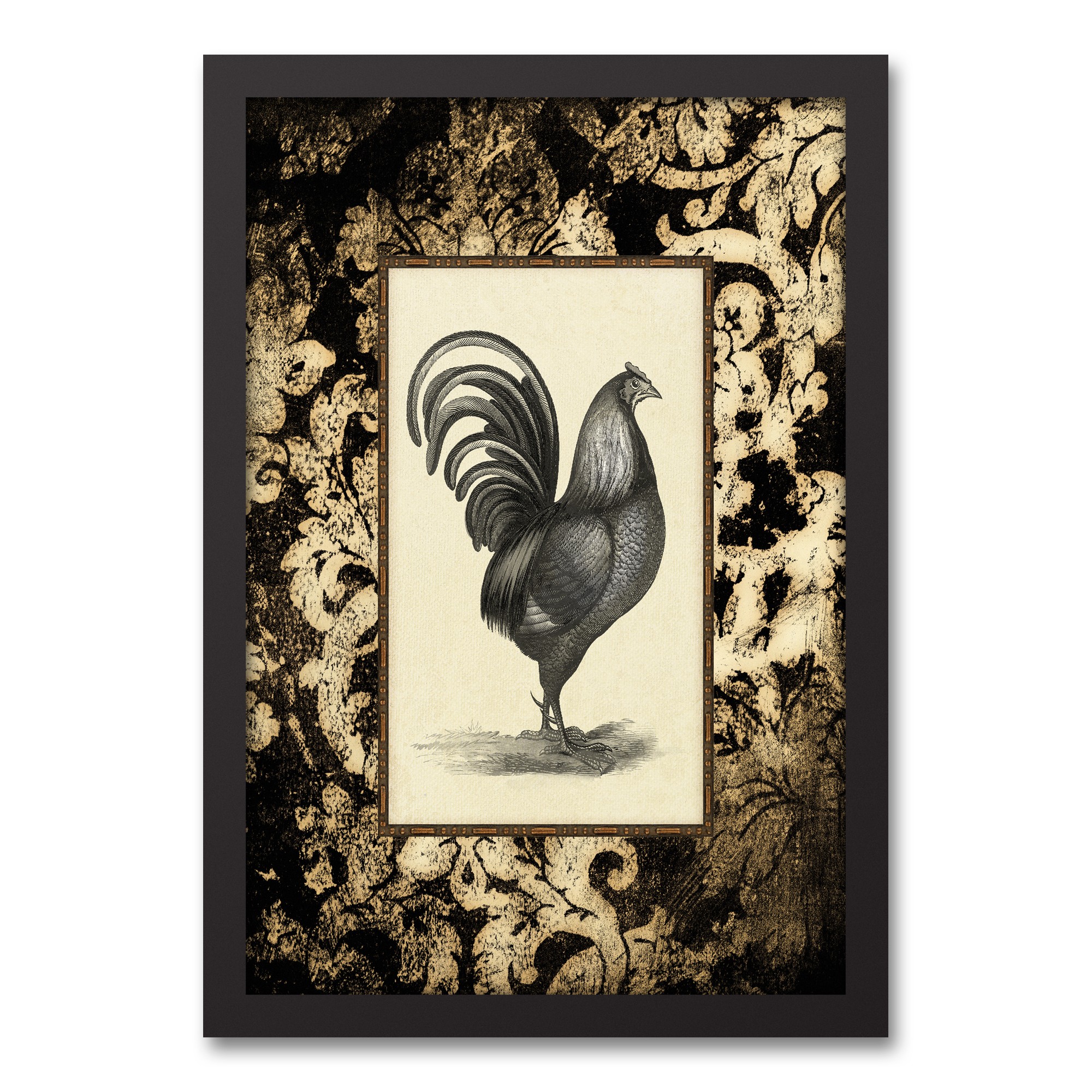 Black N White Rooster 12x18 Black Framed Canvas