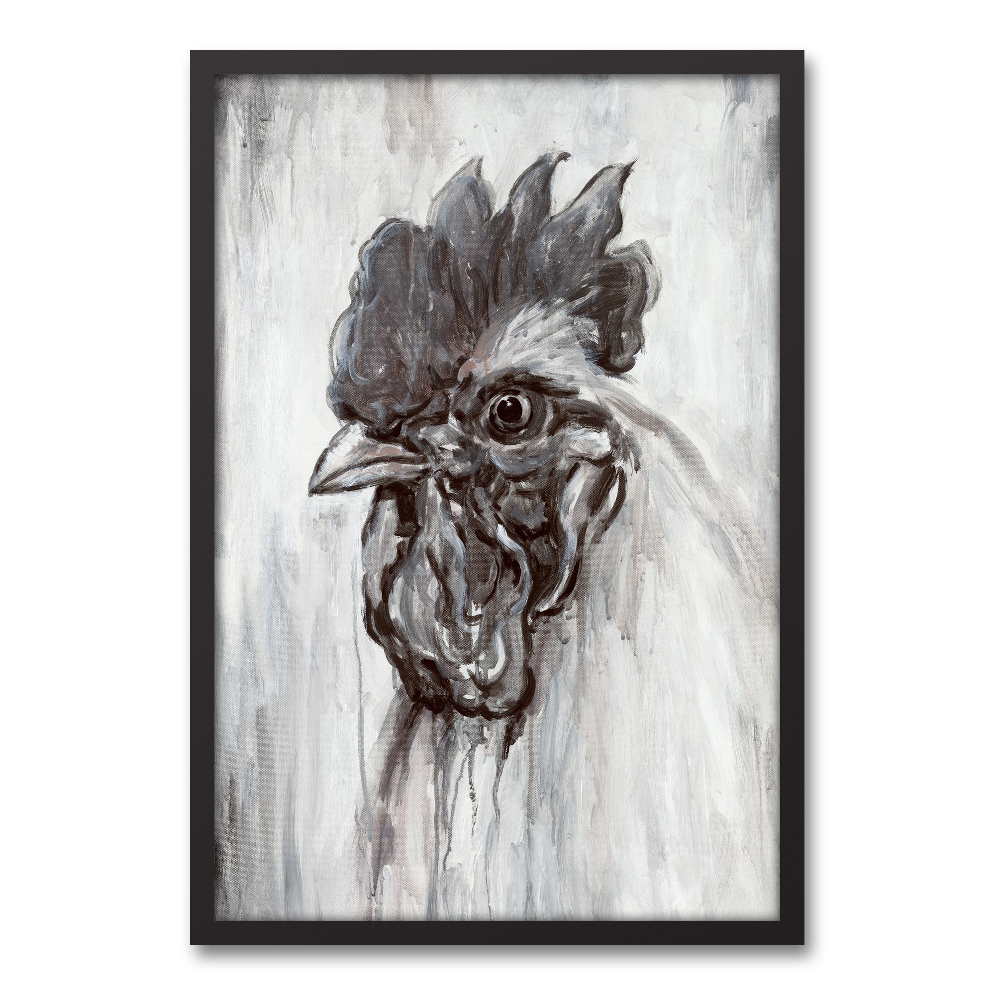 B&W Painted Rooster 20x30 Black Framed Canvas