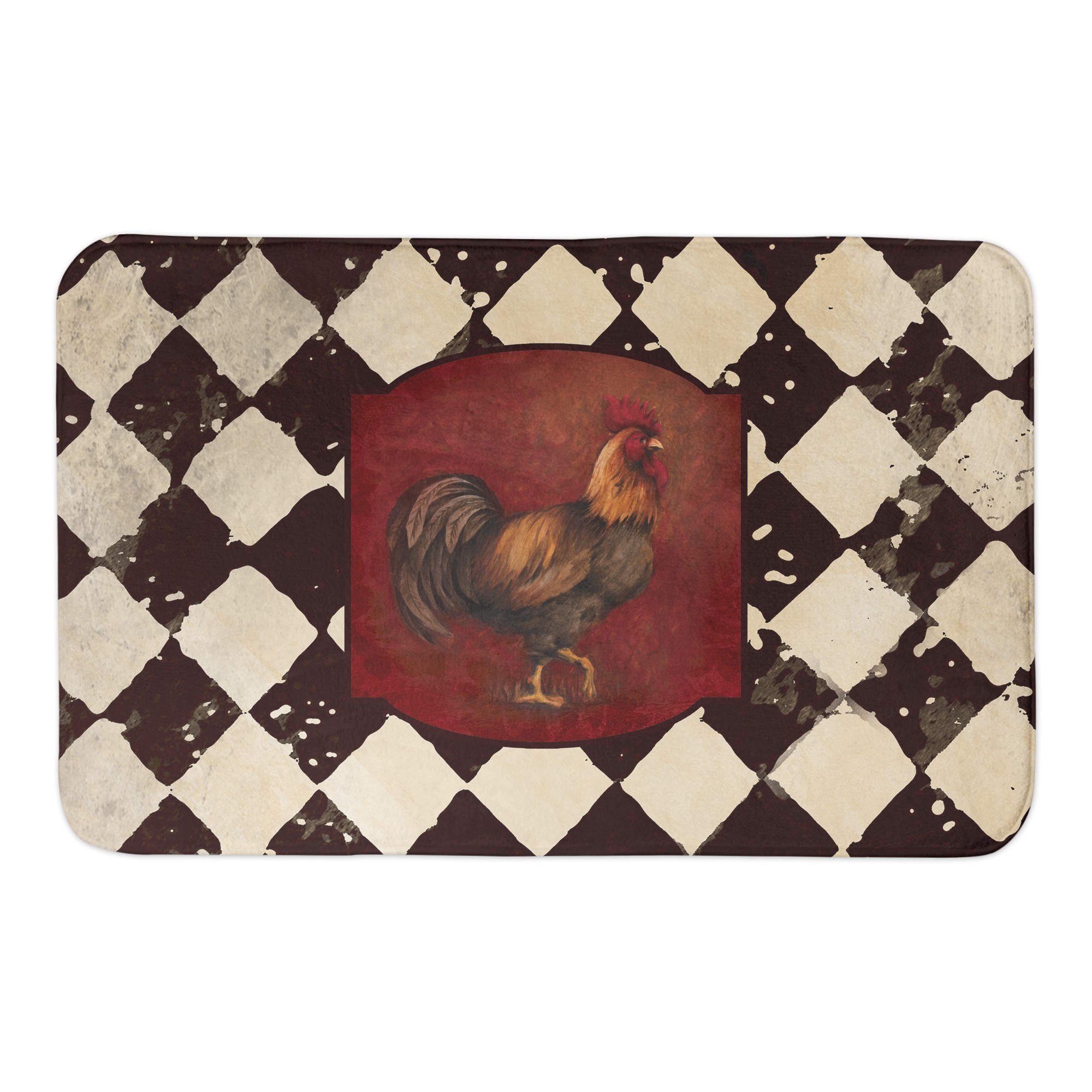Distressed White Black Tile Rooster 34x21 Bath Mat