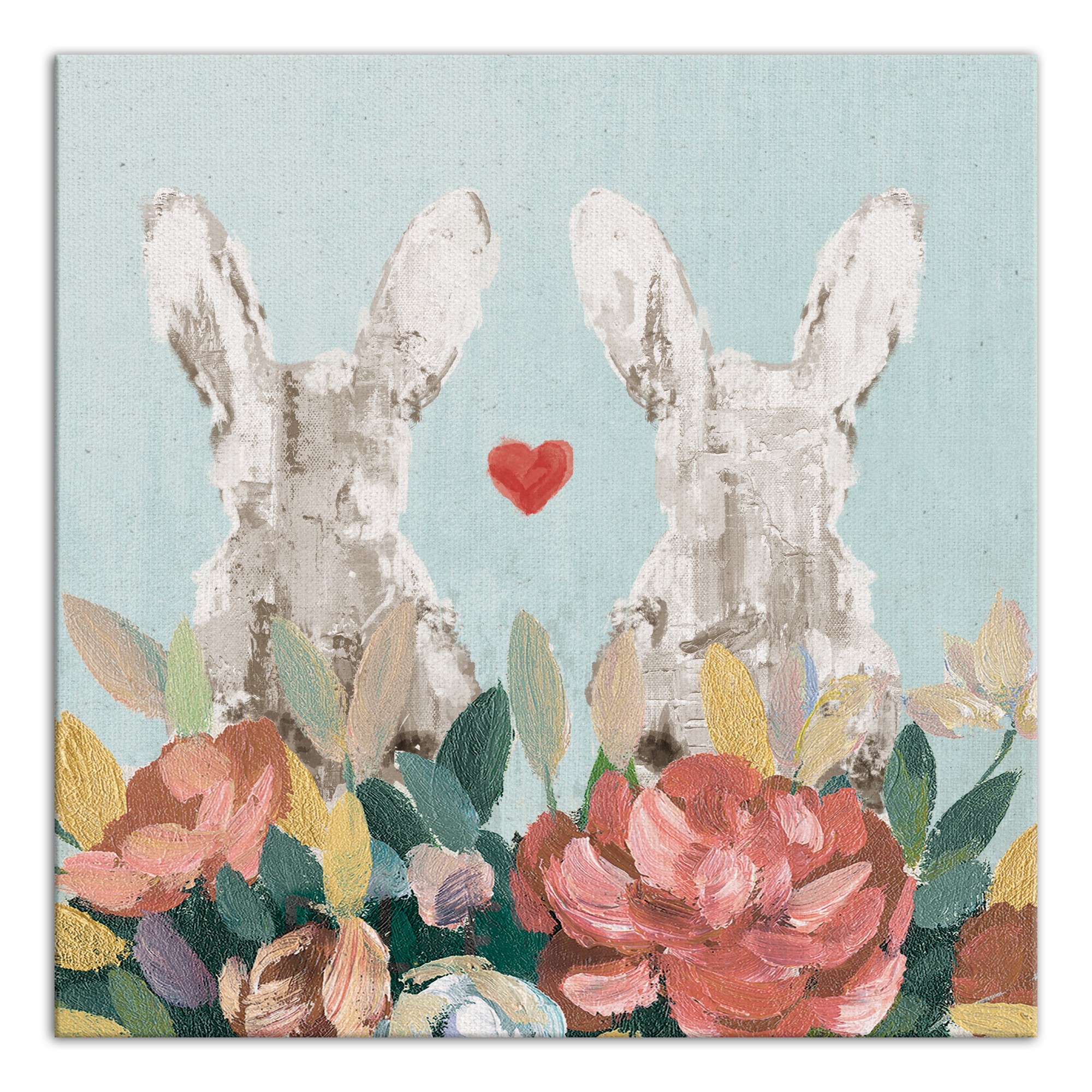 Bunny Couple Flowers  16x16 Canvas Wall Art