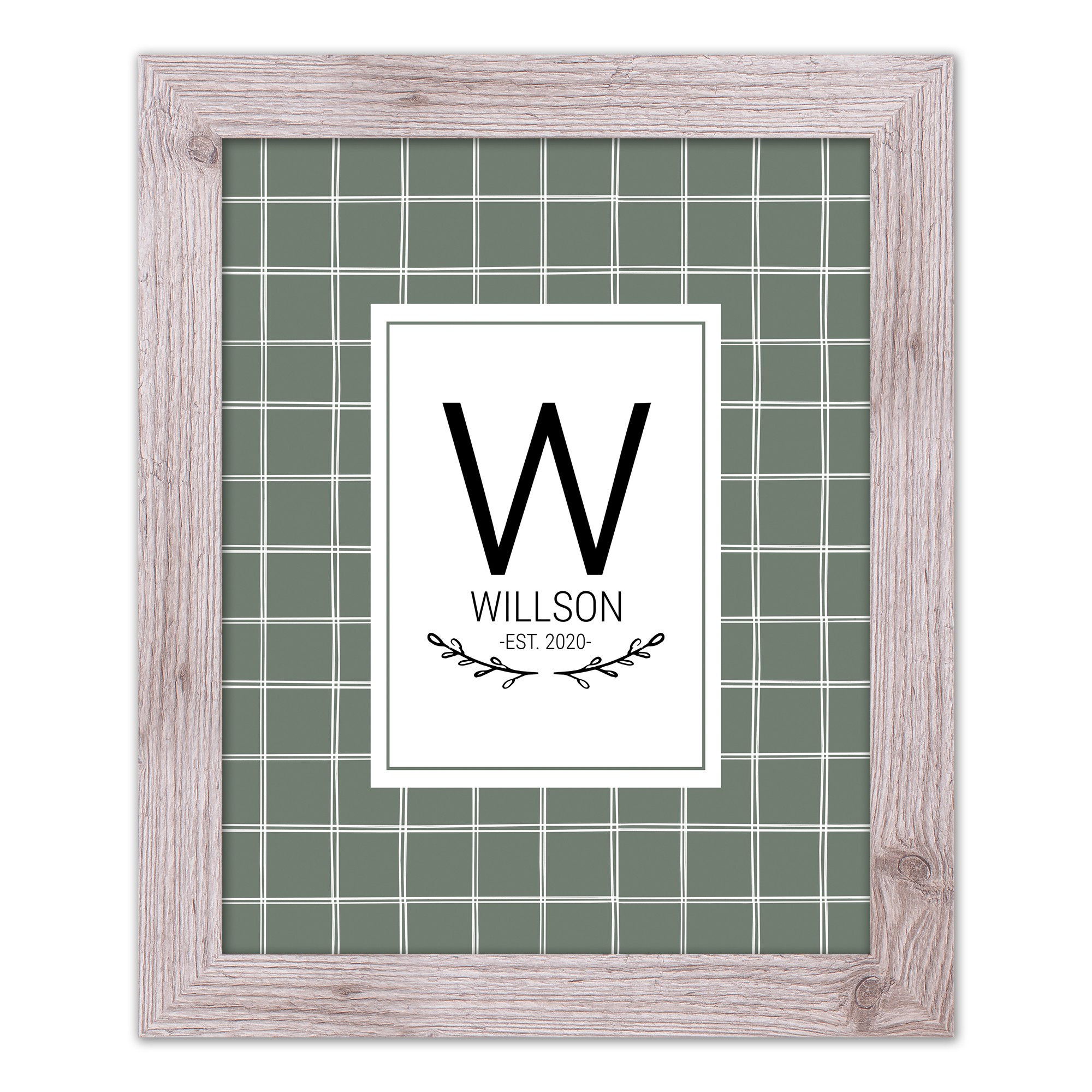 Sage Windowpane Monogram 16x16 Personalized Western White Framed Print