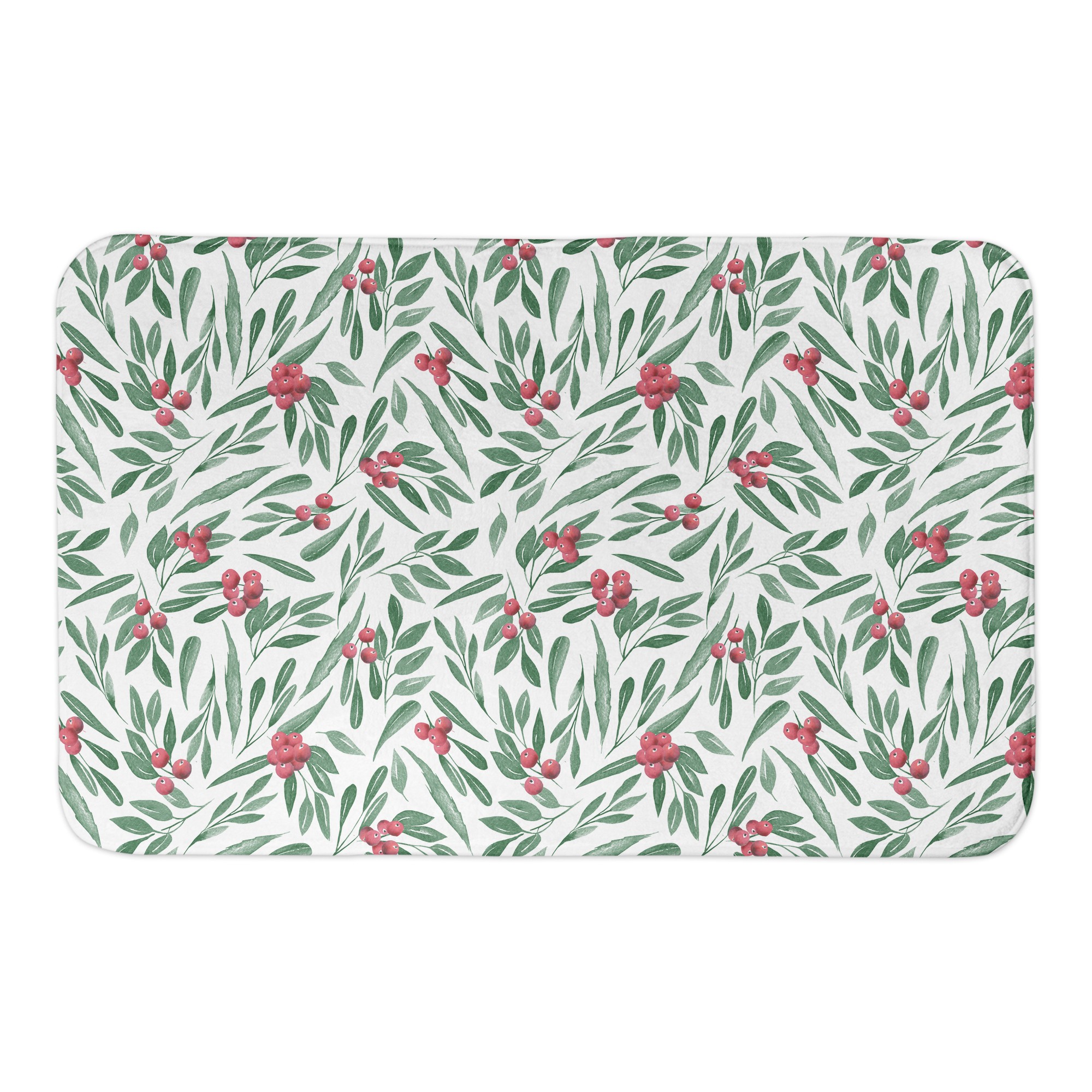 Green Leaves And Holly Berries 34x21 Bath Mat