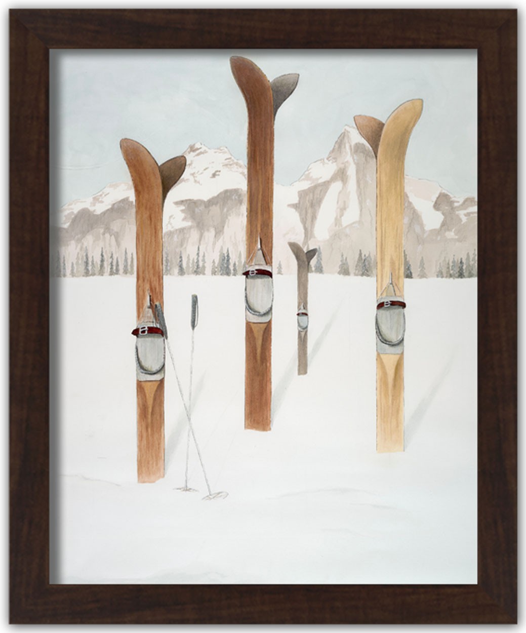 Painted Skis In Snow 16x20 Black Framed Print Under Glass