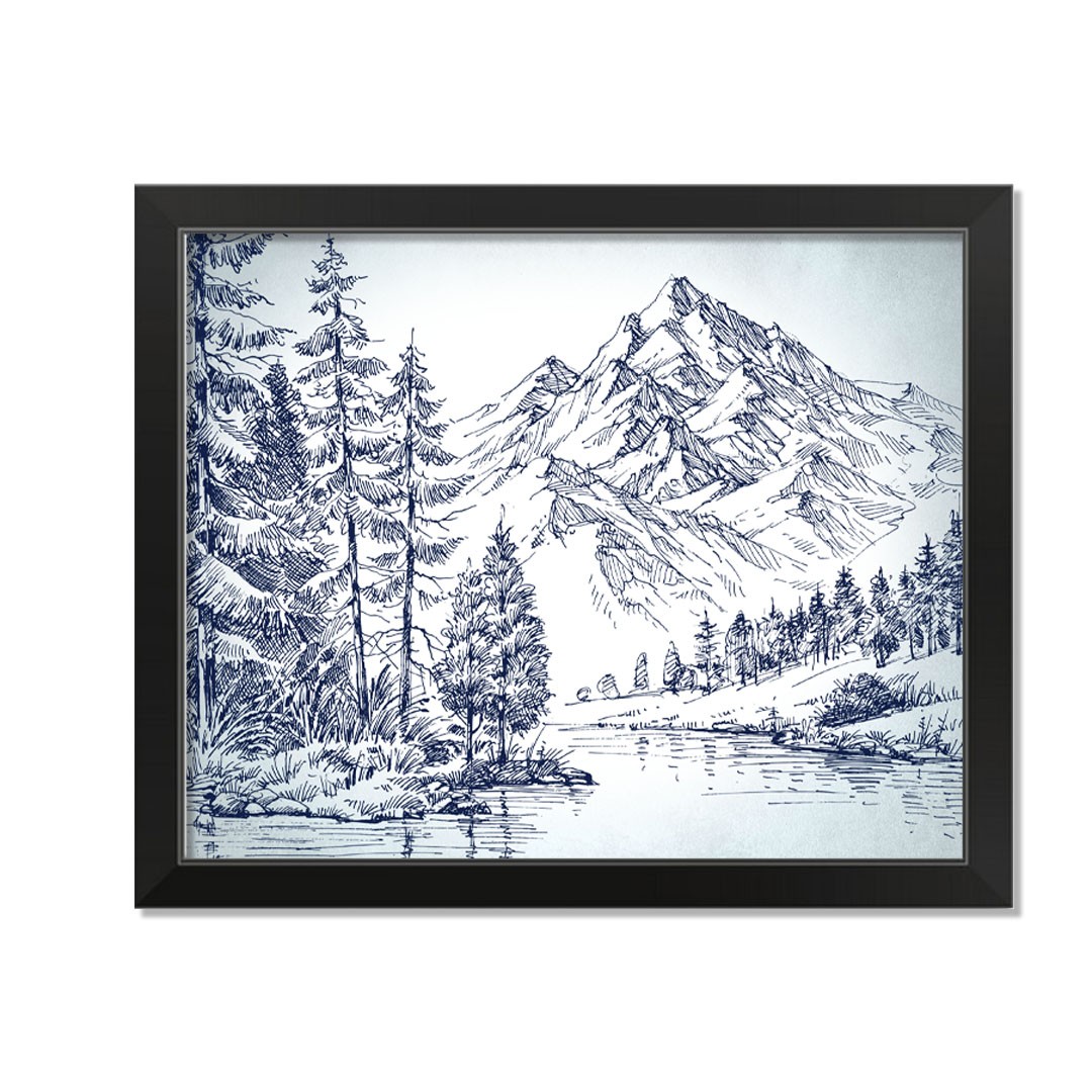 Mountain Forest Drawing Blue 20X16 Black Framed Print Under Glass