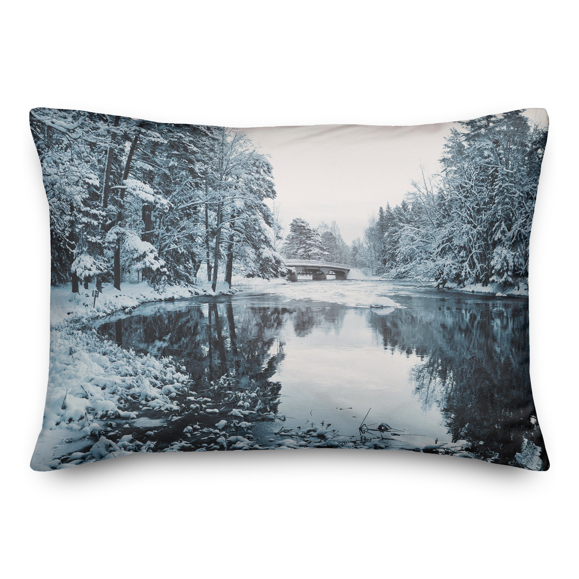 Snowy Park Lake  14x20 Spun Poly Pillow