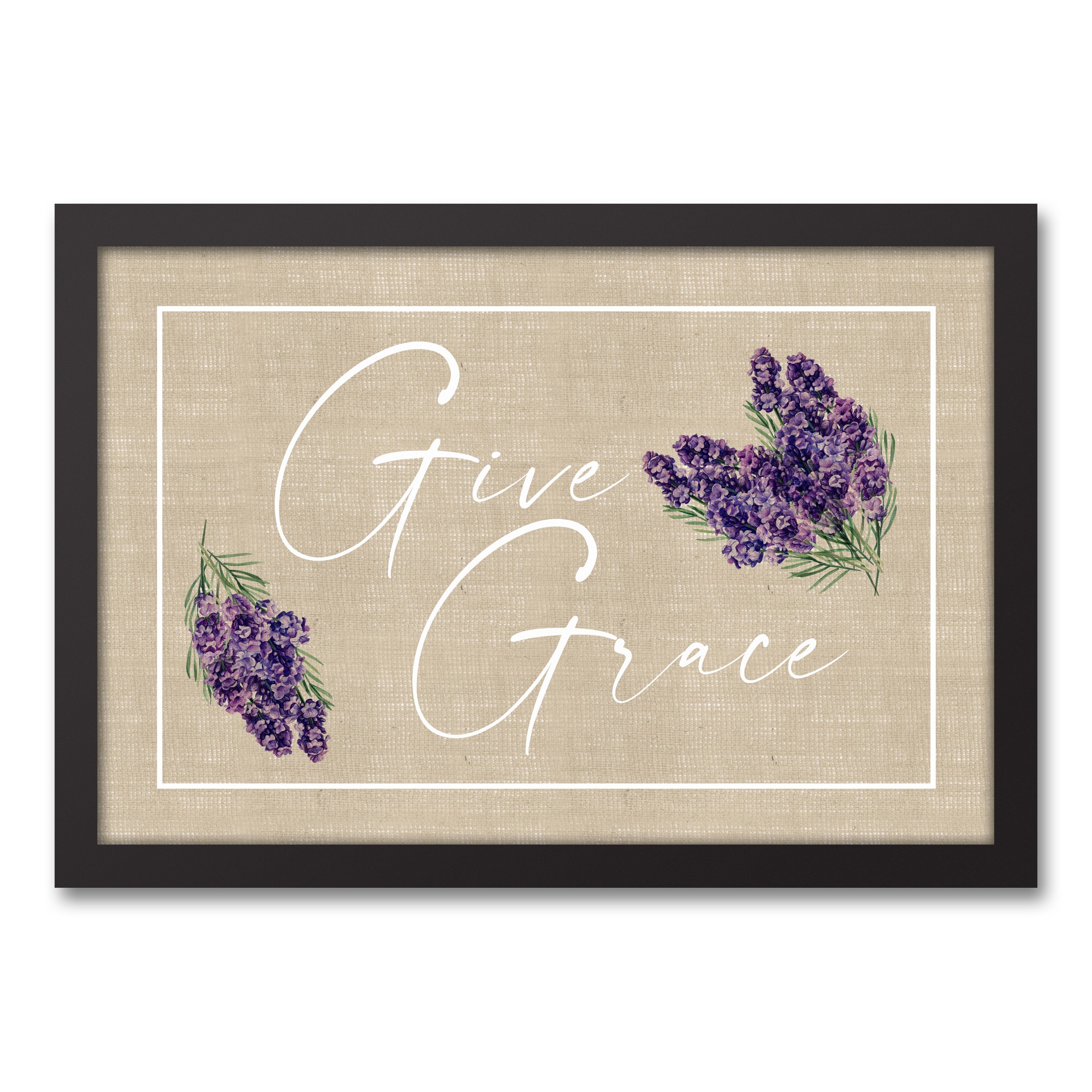 Give Grace Lavendar On Burlap 12x18 Black Floating Framed Canvas