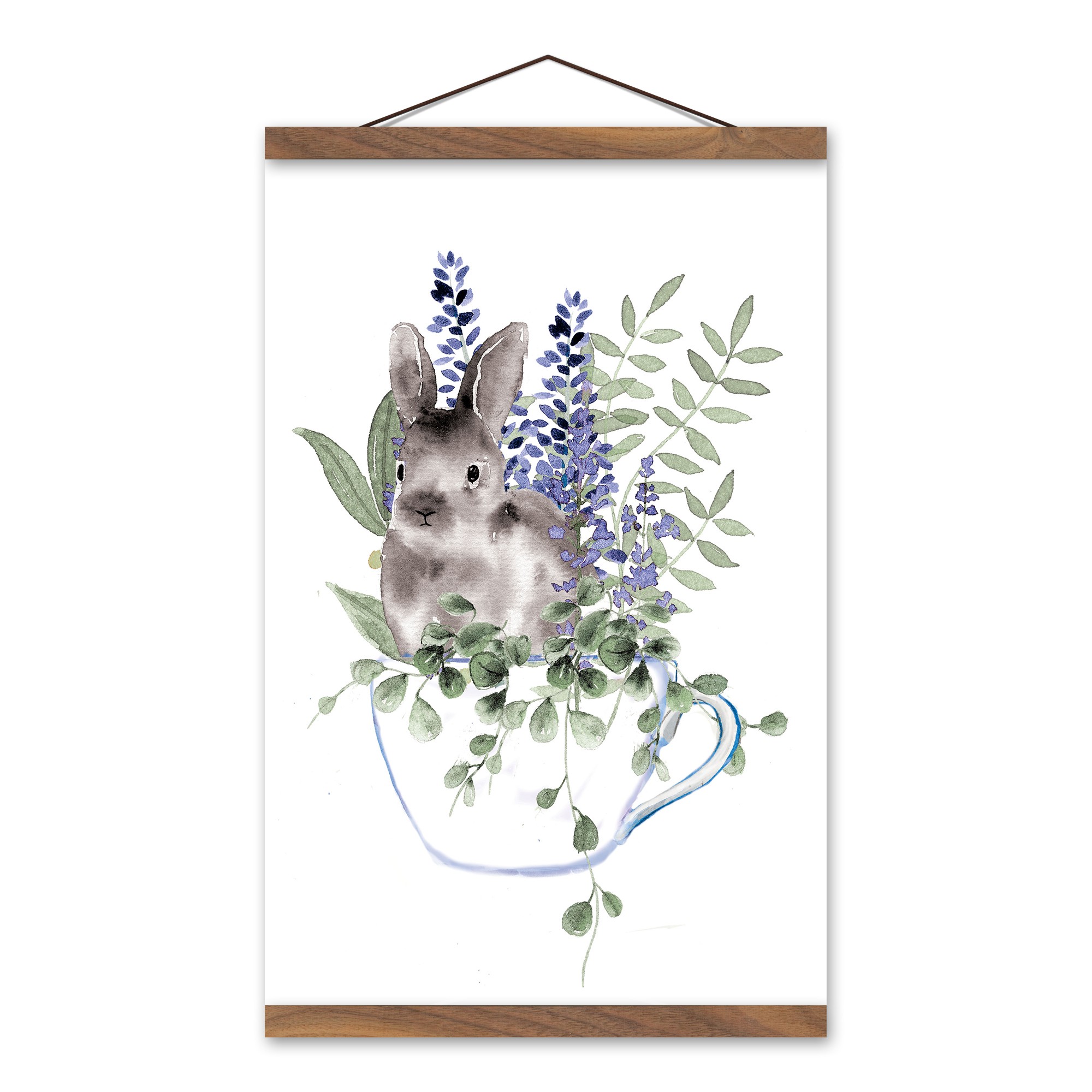 Bunny In Teacup Floral 12x18 Teak Hanging Canvas