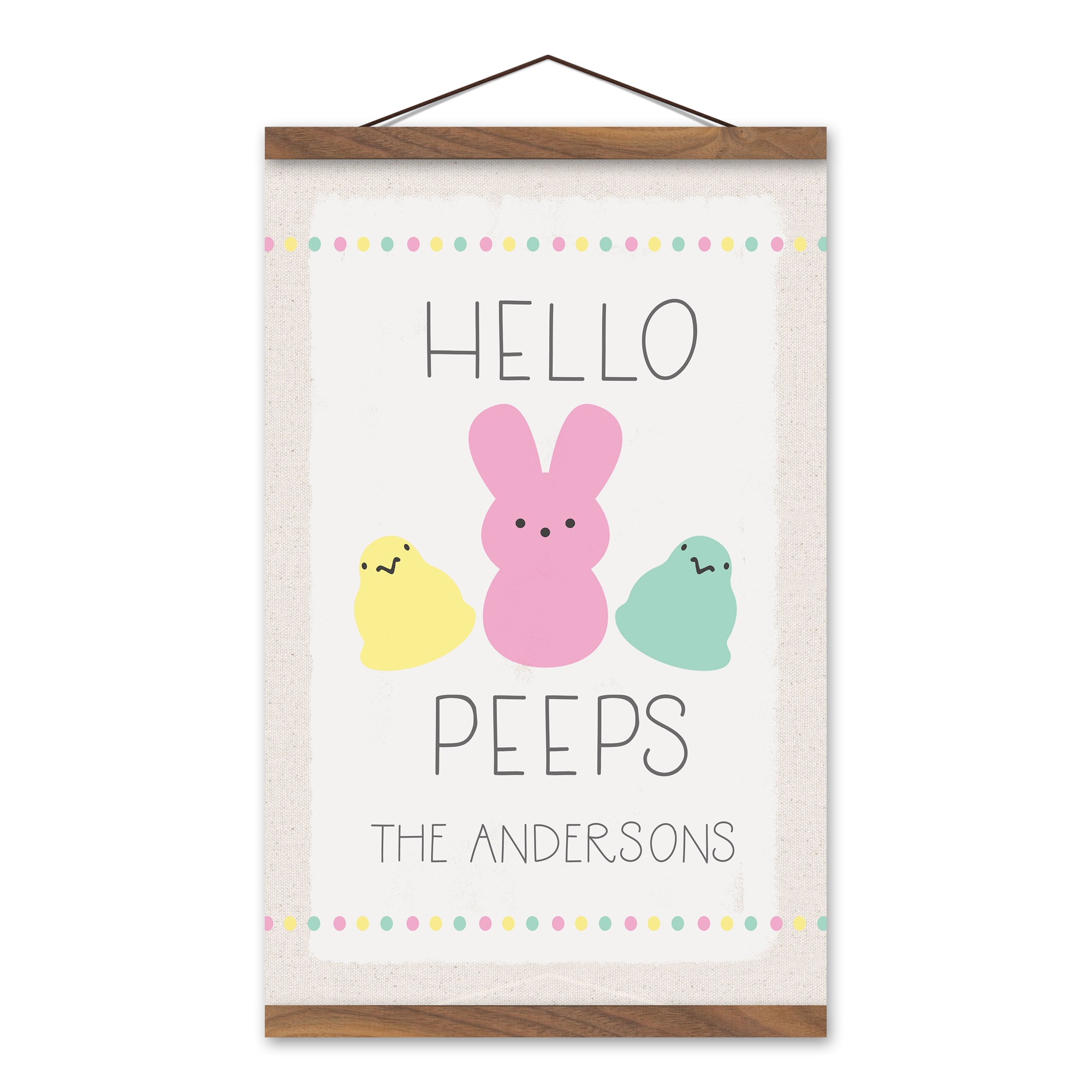 Hello Peeps Personalized 12x18 Teak Hanging Canvas