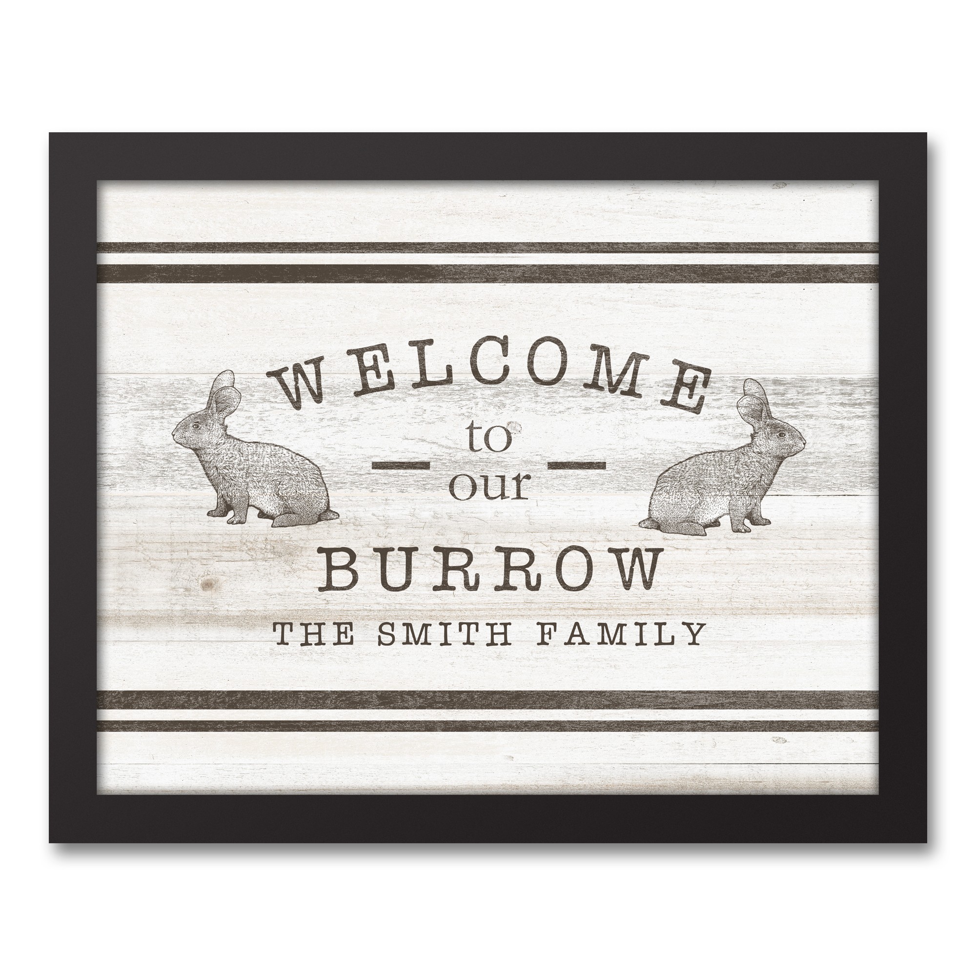 Welcome Burrow Bunny Personalized 11x14 Black Floating Framed Canvas