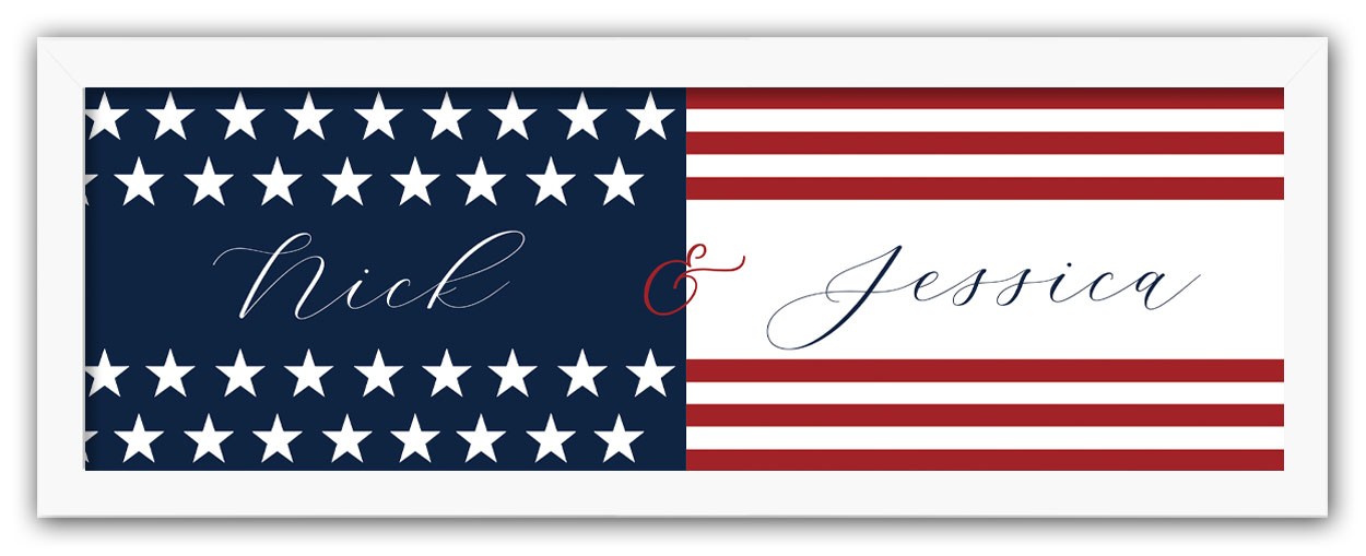 Stars and Stripes Personalized 12x36 White Framed Print Under Plexiglass