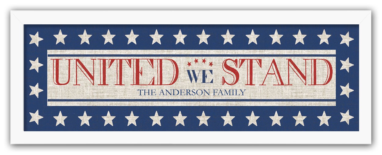 United We Stand Personalized 12x36 White Framed Print Under Plexiglass