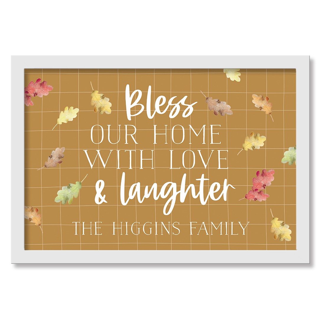 Bless our Home with Love and Laughter Personalized 20x30 White Framed Print Under Plexiglass