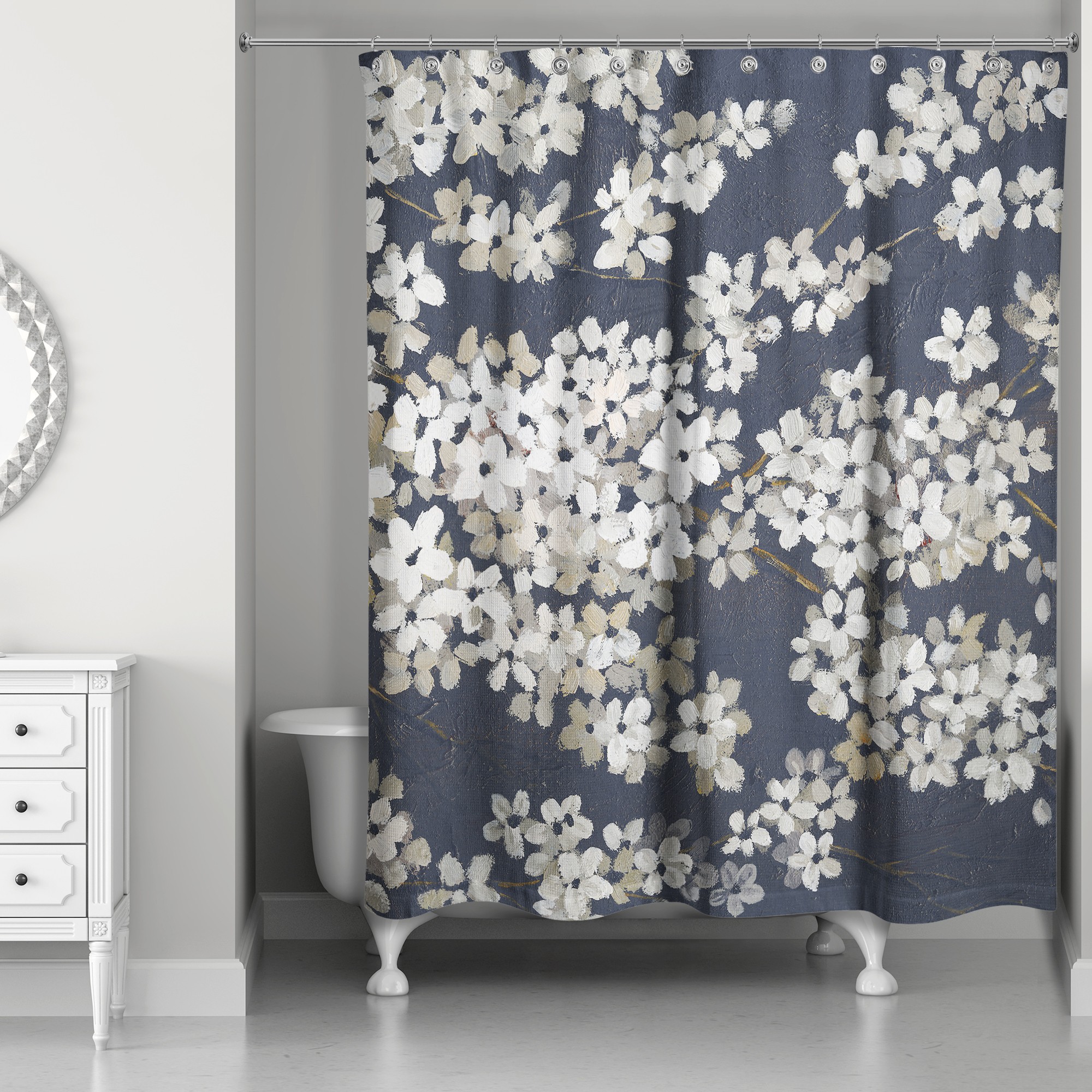 White Blossoms on Navy 71 x 74 Shower Curtain