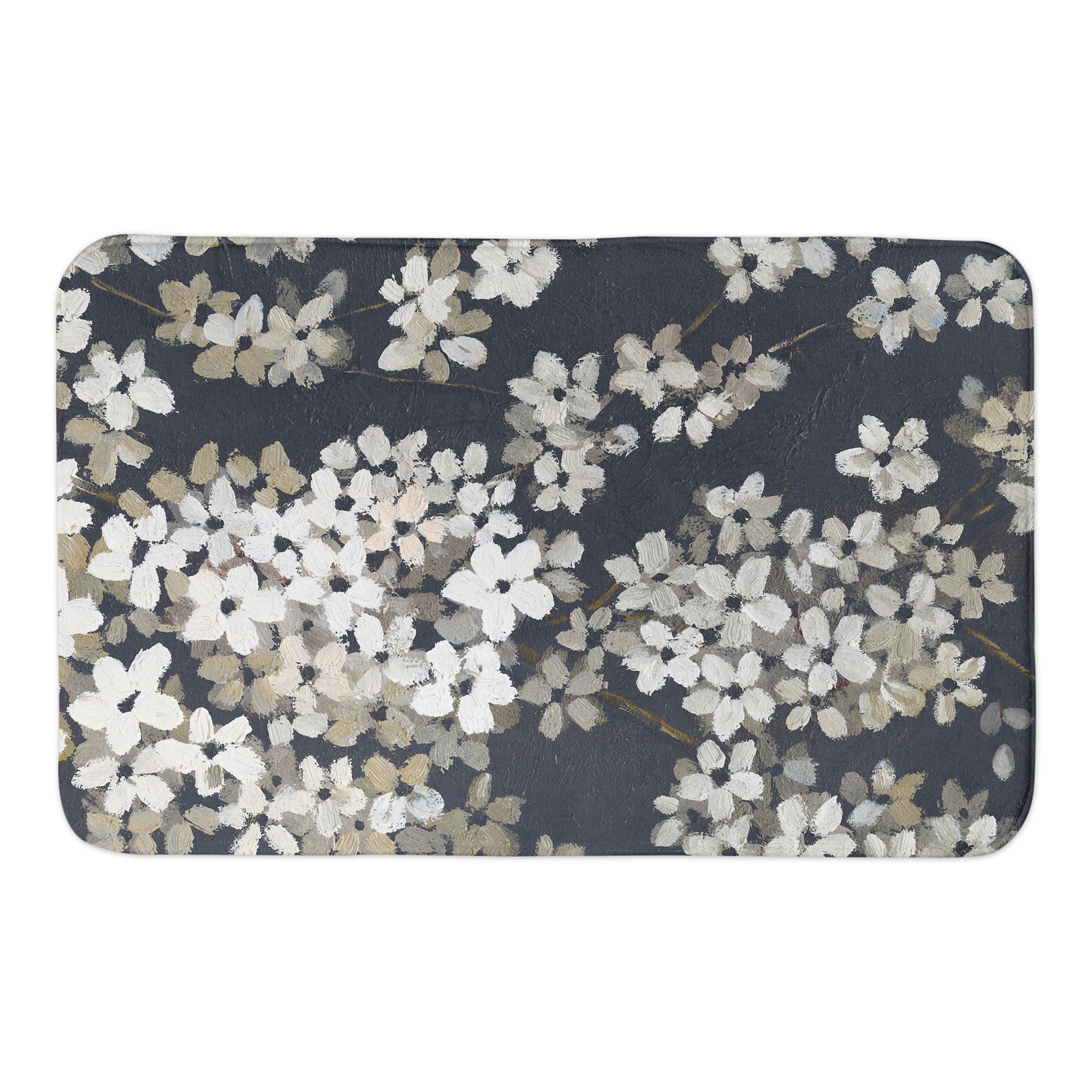 White Blossoms on Navy 21 x 34 Bath Mat